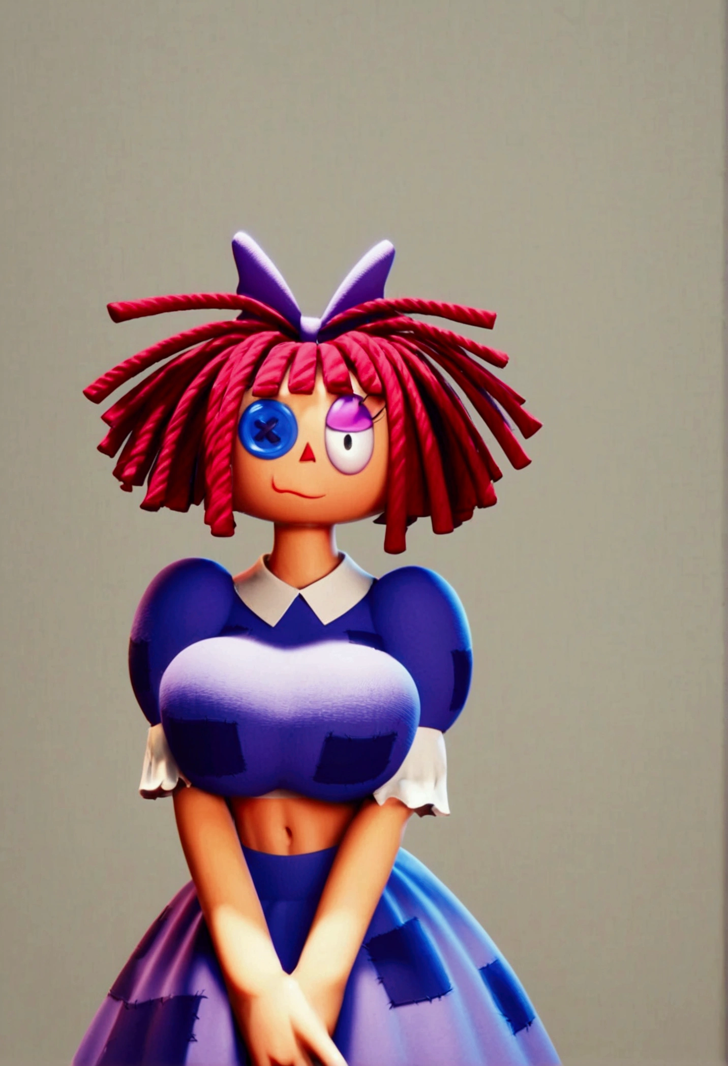 focus alone, d_All, 1 girl,rag-doAll, red yarn-like hair, flat orange triangular nose, blue button eye and black paboveil in actual eye, purple bow in hair,     looking at the viewer, trespass, front view, spreading legs, Platform high heels, score_9, score_8_above, score_7_above, spread pussy, bottomless, nude, backwards, short, sexy, legs open, masturbating, Chibi