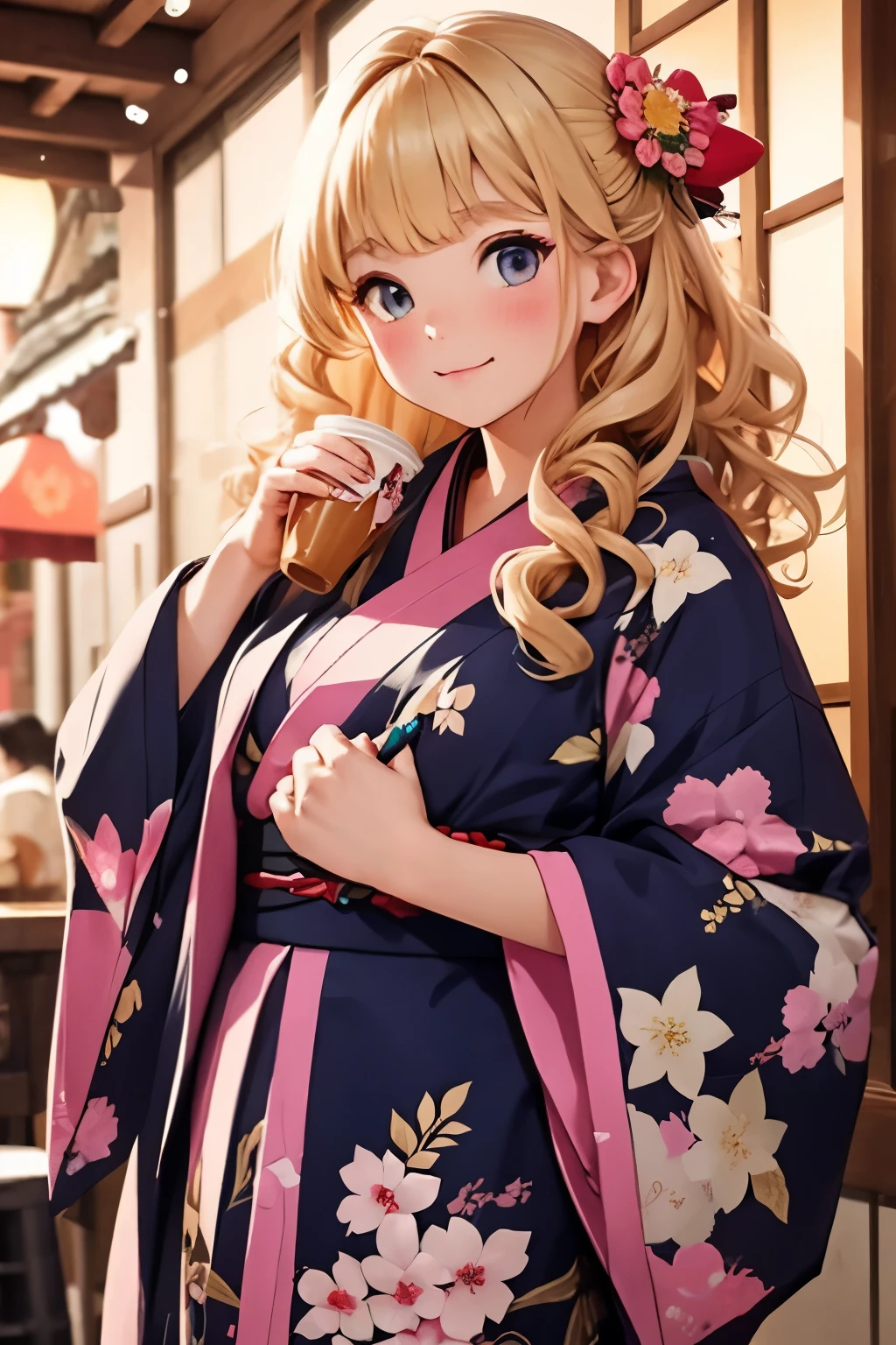 top quality，   The skirt is rolled up in the    ，cute ,  blonde alone  , Curly Hair, evil，(((kimono)))， down jacket   ， Snow Scene，I'd like to drink shop coffee on the night of the festival，