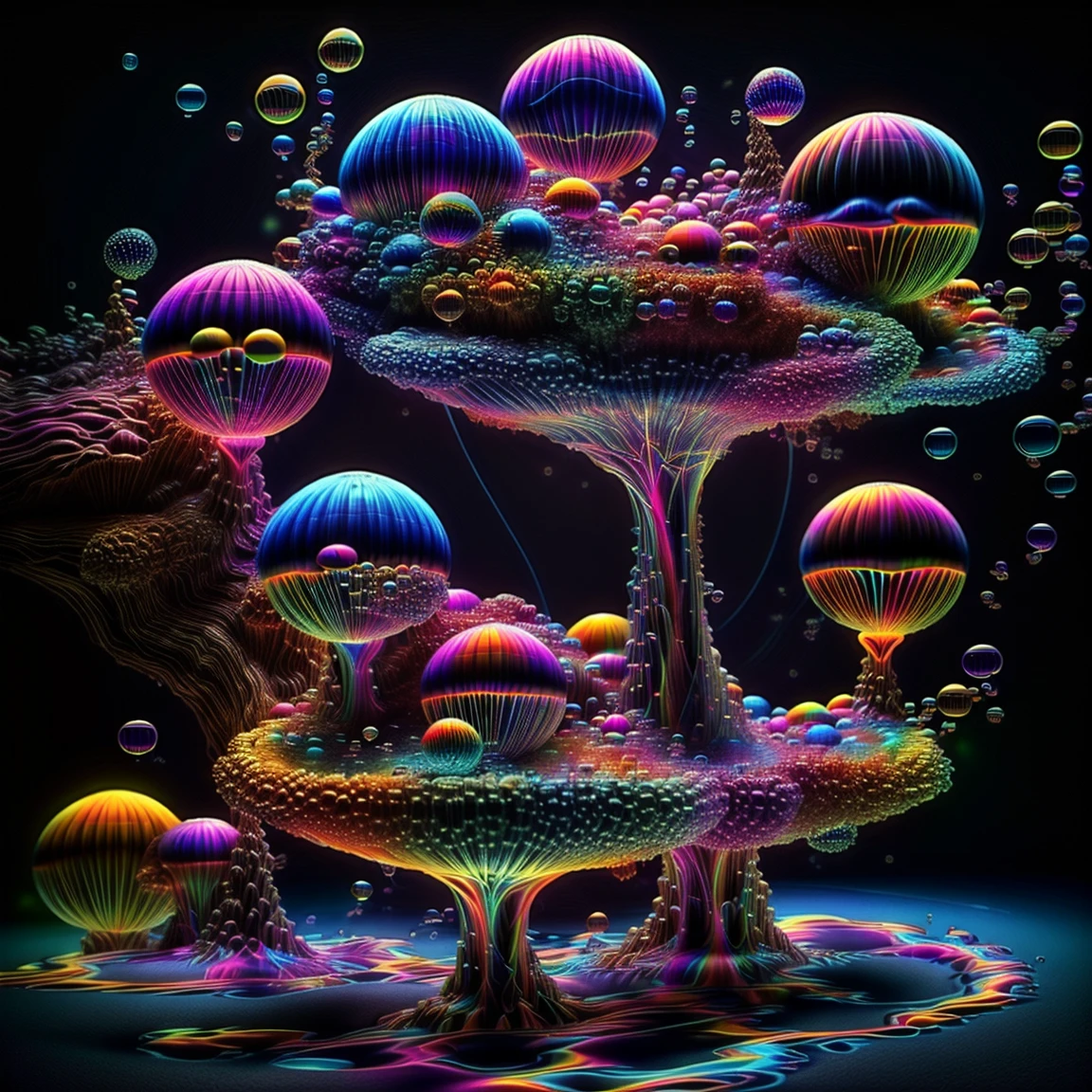 A close up of beautiful bubbles floating on top of each other, LSD, DMT imagery. octane render, psychedelic droplets of water, abstract liquid, and intricate rainbow art. octane render, black 3d fluid simulation,  ethereal bubbles, swirling liquids, and highly detailed, octane render, reflective rainbow bubbles, twisted colors inside of glass spheres, Psilocybin Dream inside an amazing image of light emerging from colors in a shimmering glass morphing out of colors, bright neon and fluorescent colors,very bright, vibrant colors, perfectly formed and symmetrical reflective bubbles and spheres, attention to detail with these beautiful bubbles and spheres, Extreme Hallucinations in a gorgeous piece of  psychedelic digital artwork, Stunning, pixel art, tripped out colors, 4d mandelbulb psychedelics, glass like psychedelic landscape, intricate rainbow environment, psychedelic underwater brightness and glow with neon colors, glowing colors twist inside of translucent glass spheres and bubbles with light and color reflecting off of both in bright fluorescent colors, psychedelic trip, fluorescent and neon aesthetic, psychedelic vibrant colors, bright psychedelic paint splattered backgrounds,swirling spirals and vortex, bright vibrant colors popping out from 3d glass spheres, Rotational Symmetry, Pixel Assets, Portrait photography, Surrealism, Photorealistic, Hyperdetailed, Glass Morphism, Digital Art, Sparkle, Optical Illusion, Glowing Light, Reflective Light, Overexposure, Backlighting, Depth Of Field, Spheres and bubbles show perfect Symmetry, UHD, High Details, High Quality, Super Detailed, Full Focus, Awe inspiring, Shockingly unique wallpaper art, Breathtaking, Indescribably Beautiful, Heaven sent images, Best Quality, Award Winning, MasterpieceA close up of beautiful bubbles floating on top of each other, LSD, DMT imagery. octane render, psychedelic droplets of water, abstract liquid, and intricate rainbow art. octane render, black 3d fluid simulation,  ethereal bubbl