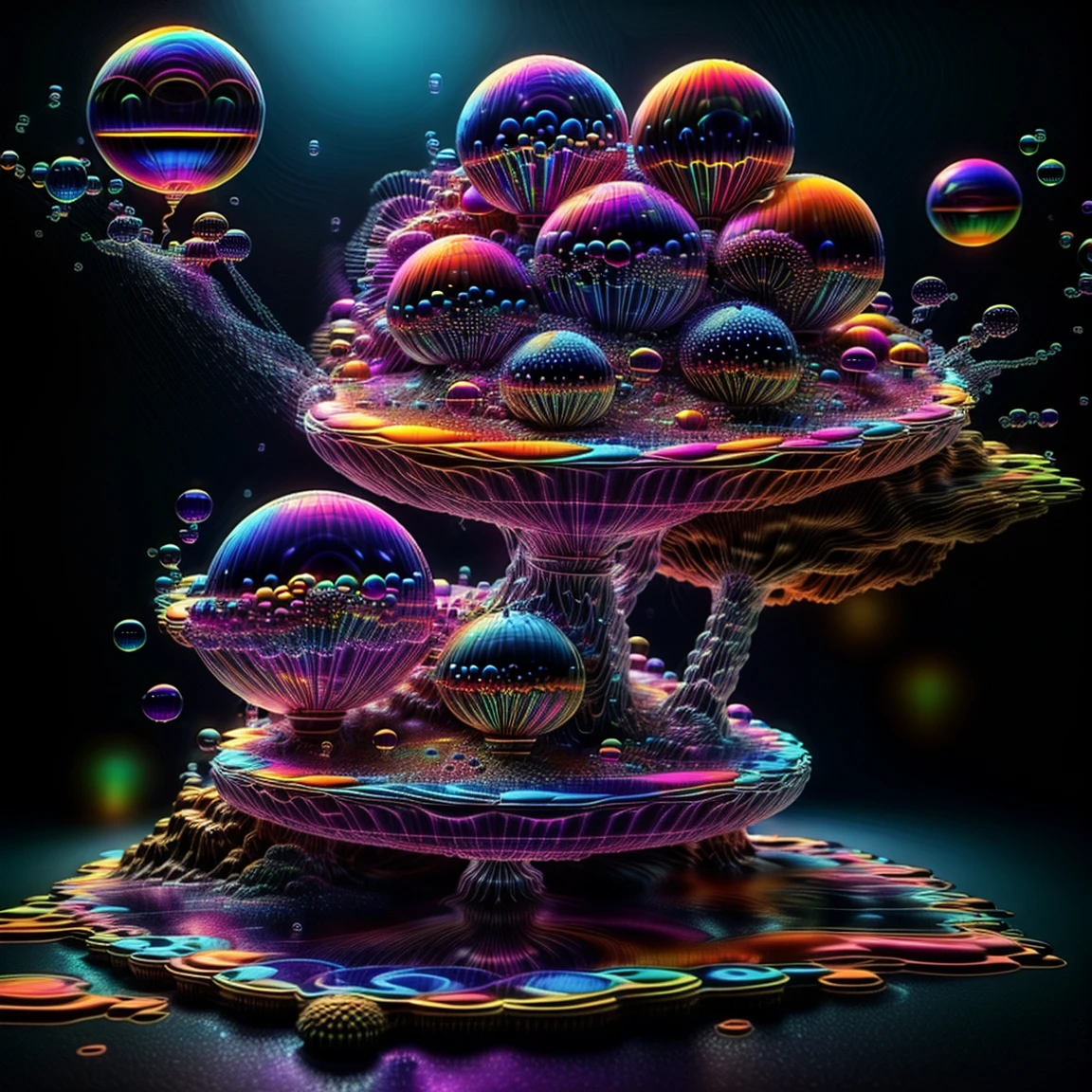 A close up of beautiful bubbles floating on top of each other, LSD, DMT imagery. octane render, psychedelic droplets of water, abstract liquid, and intricate rainbow art. octane render, black 3d fluid simulation,  ethereal bubbles, swirling liquids, and highly detailed, octane render, reflective rainbow bubbles, twisted colors inside of glass spheres, Psilocybin Dream inside an amazing image of light emerging from colors in a shimmering glass morphing out of colors, bright neon and fluorescent colors,very bright, vibrant colors, perfectly formed and symmetrical reflective bubbles and spheres, attention to detail with these beautiful bubbles and spheres, Extreme Hallucinations in a gorgeous piece of  psychedelic digital artwork, Stunning, pixel art, tripped out colors, 4d mandelbulb psychedelics, glass like psychedelic landscape, intricate rainbow environment, psychedelic underwater brightness and glow with neon colors, glowing colors twist inside of translucent glass spheres and bubbles with light and color reflecting off of both in bright fluorescent colors, psychedelic trip, fluorescent and neon aesthetic, psychedelic vibrant colors, bright psychedelic paint splattered backgrounds,swirling spirals and vortex, bright vibrant colors popping out from 3d glass spheres, Rotational Symmetry, Pixel Assets, Portrait photography, Surrealism, Photorealistic, Hyperdetailed, Glass Morphism, Digital Art, Sparkle, Optical Illusion, Glowing Light, Reflective Light, Overexposure, Backlighting, Depth Of Field, Spheres and bubbles show perfect Symmetry, UHD, High Details, High Quality, Super Detailed, Full Focus, Awe inspiring, Shockingly unique wallpaper art, Breathtaking, Indescribably Beautiful, Heaven sent images, Best Quality, Award Winning, MasterpieceA close up of beautiful bubbles floating on top of each other, LSD, DMT imagery. octane render, psychedelic droplets of water, abstract liquid, and intricate rainbow art. octane render, black 3d fluid simulation,  ethereal bubbl