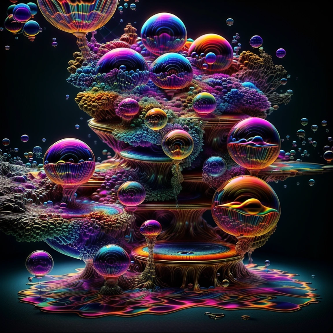 A close up of beautiful bubbles floating on top of each other, LSD, DMT imagery. octane render, psychedelic droplets of water, abstract liquid, and intricate rainbow art. octane render, black 3d fluid simulation,  ethereal bubbles, swirling liquids, and highly detailed, octane render, reflective rainbow bubbles, twisted colors inside of glass spheres, Psilocybin Dream inside an amazing image of light emerging from colors in a shimmering glass morphing out of colors, bright neon and fluorescent colors,very bright, vibrant colors, perfectly formed and symmetrical reflective bubbles and spheres, attention to detail with these beautiful bubbles and spheres, Extreme Hallucinations in a gorgeous piece of  psychedelic digital artwork, Stunning, pixel art, tripped out colors, 4d mandelbulb psychedelics, glass like psychedelic landscape, intricate rainbow environment, psychedelic underwater brightness and glow with neon colors, glowing colors twist inside of translucent glass spheres and bubbles with light and color reflecting off of both in bright fluorescent colors, psychedelic trip, fluorescent and neon aesthetic, psychedelic vibrant colors, bright psychedelic paint splattered backgrounds,swirling spirals and vortex, bright vibrant colors popping out from 3d glass spheres, Rotational Symmetry, Pixel Assets, Portrait photography, Surrealism, Photorealistic, Hyperdetailed, Glass Morphism, Digital Art, Sparkle, Optical Illusion, Glowing Light, Reflective Light, Overexposure, Backlighting, Depth Of Field, Spheres and bubbles show perfect Symmetry, UHD, High Details, High Quality, Super Detailed, Full Focus, Awe inspiring, Shockingly unique wallpaper art, Breathtaking, Indescribably Beautiful, Heaven sent images, Best Quality, Award Winning, MasterpieceA close up of beautiful bubbles floating on top of each other, LSD, DMT imagery. octane render, psychedelic droplets of water, abstract liquid, and intricate rainbow art. octane render, black 3d fluid simulation,  ethereal bubbl