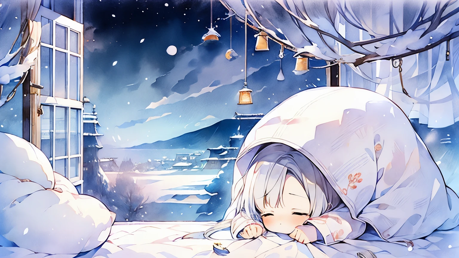 Long shot、Wide shot、bedroom、window、 in the middle of the night、Watercolor, Snowfall, Sleeping white cat、Distant view、Long shot、Wide shot