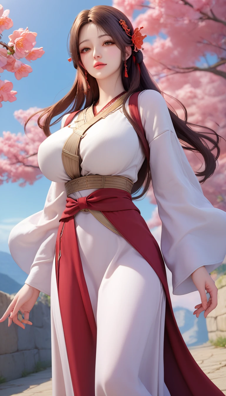 score_9,score_8_up,score_7_up,high res image,masterpiece,best quality,Delicate face,mature female,zmzq,Expressiveh,brown hair,headpiece,short_twintails,long hair,wide_sleeves,brown eyes,goyain,hair flower,long_sleeves,waistband,dress,(big breasts:1.3),(large teardrop breasts:1.4),(huge_ass:1.2),panorama,wide_shot,(full_shot:1.2),(cinematic_angle:1.2),