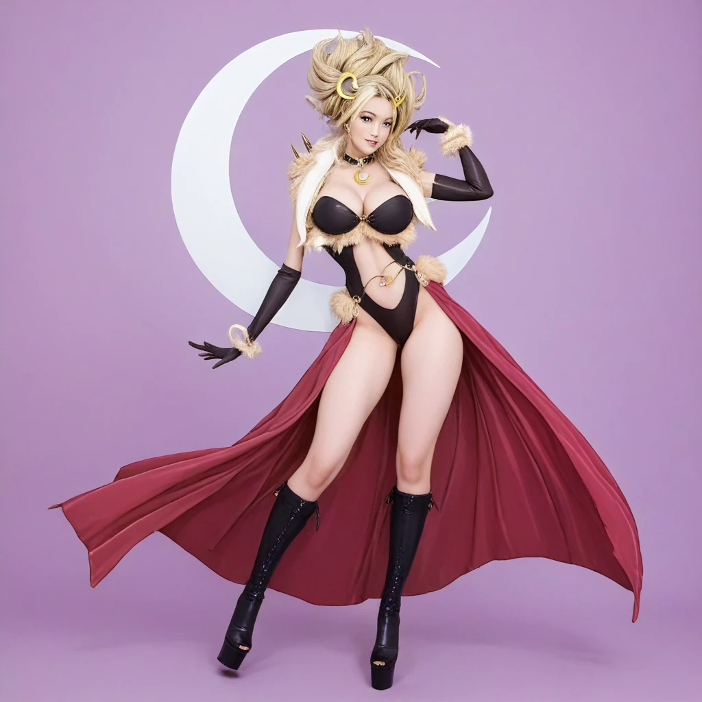 （Peacock Dance）、（ Perfect Body ）、（Perfect Arms）、（ Big Breasts Protruding Out of Clothes ）、（ accentuated cleavage ）、  1 girl,  blondes, Multicolored Hair,   hair ornament ,   revealing clothes,  dancer costume,   fur trim ,  Black Enamel Gloves ,  elbow gloves ,  Crescent Moon Decor ,black enamel leotard、 center open 、 showgirl skirt、 Black Thigh-High Boots、 platform boots、Platform heels、（barbed collar）