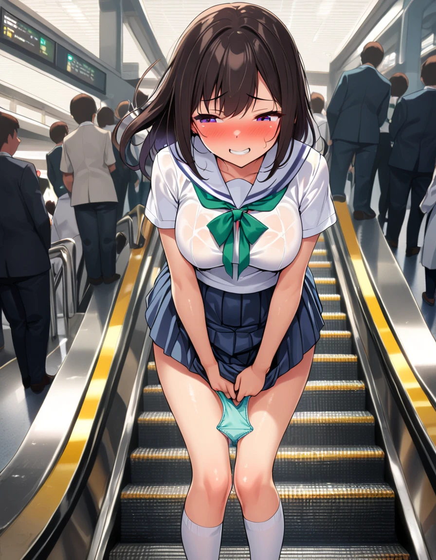 3 anime girls of different ages and heights, clearly visible pussy, Very thin, flat chest, thin waist, narrow hips, naked at the bus stop, squatting, Group photo, urination, писают, shame, fear, horror in the eyes