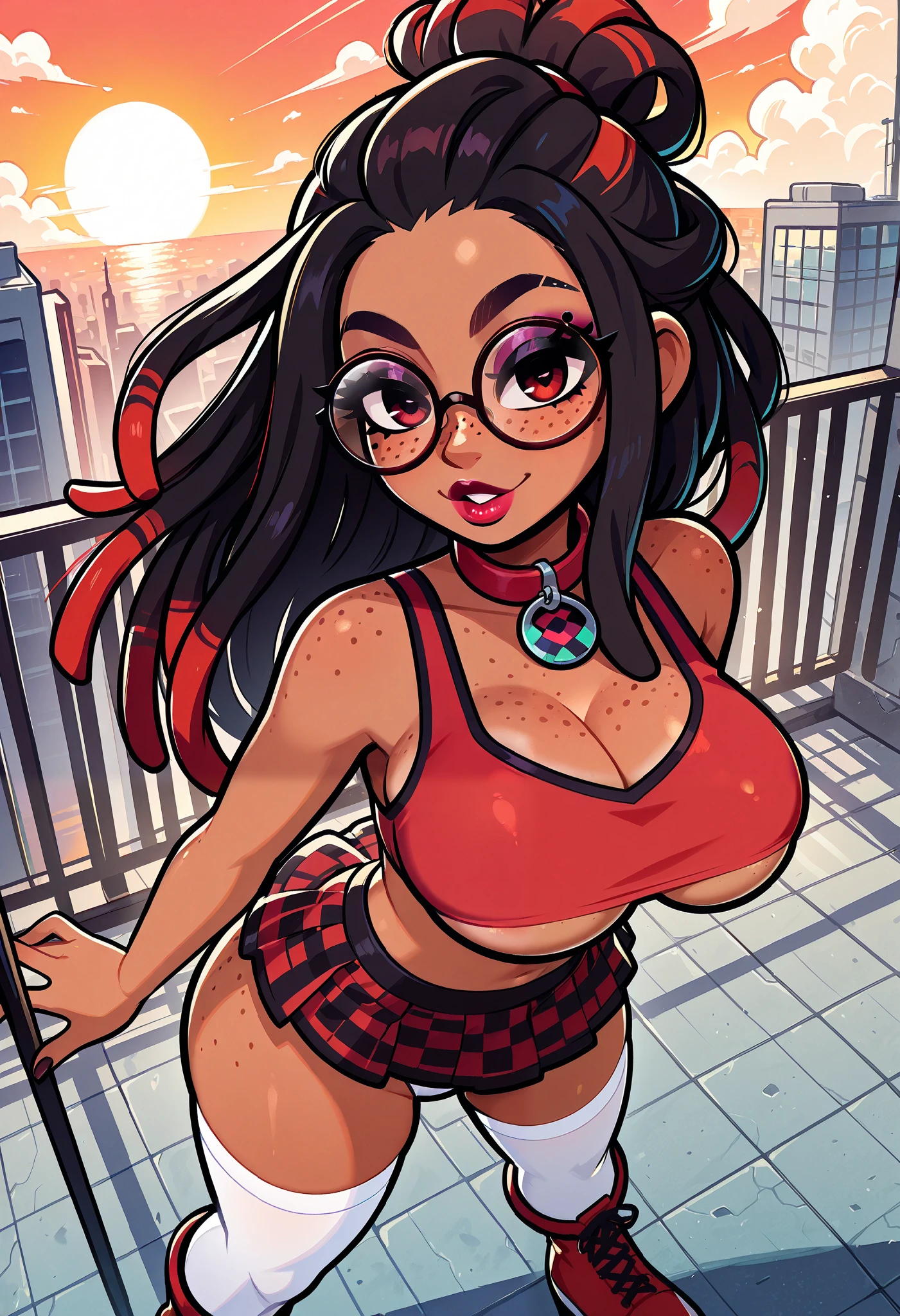 (masterpiece), 1girl, solo, best quality, expressive eyes, perfect face, newest, perfect anatomy, flawless face, dark skinned African female with long burgundy dreadlocks and glasses, multicolored hair, white knee high stockings, red collar, short tight red tank top with black trim, underboob, tight short pleated plaid red and black miniskirt, color saturation, makeup, lipstick, glossy lips, freckles, red boots, big breasts, big butt, looking at viewer, hair blowing in wind, seductive expression, smiling, red and black ombre hair, two-tone hair, white panties, white panties in view, showing a white panty shot, on a rooftop, sunset, cleavage, legs apart, pov from above