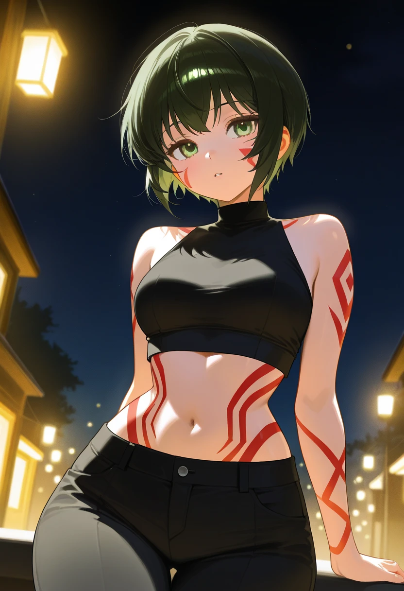 Maki Zenin LoRA, girl character, black clothes, black pants, sleeveless shirt(top crop), wide hips, green eyes, detailed eyes, beautiful eyes, skin markings, short hair, dark green hair, night setting, night lights.