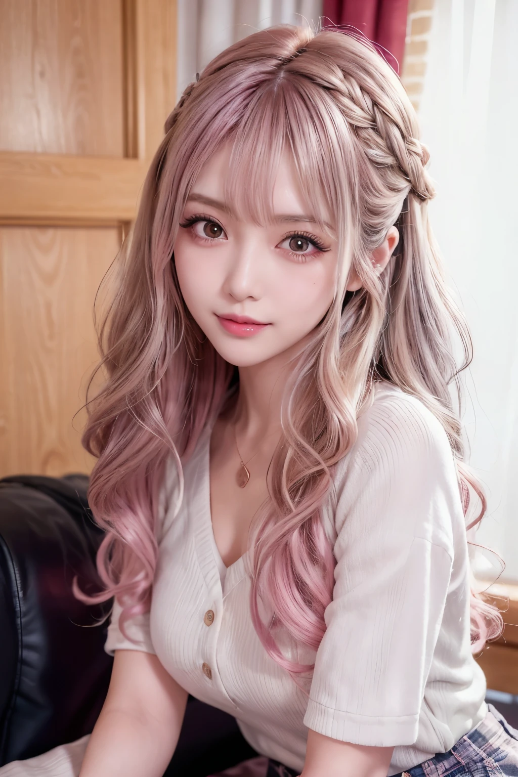 Araffe girl with pink hair sitting on a couch in a room - SeaArt AI