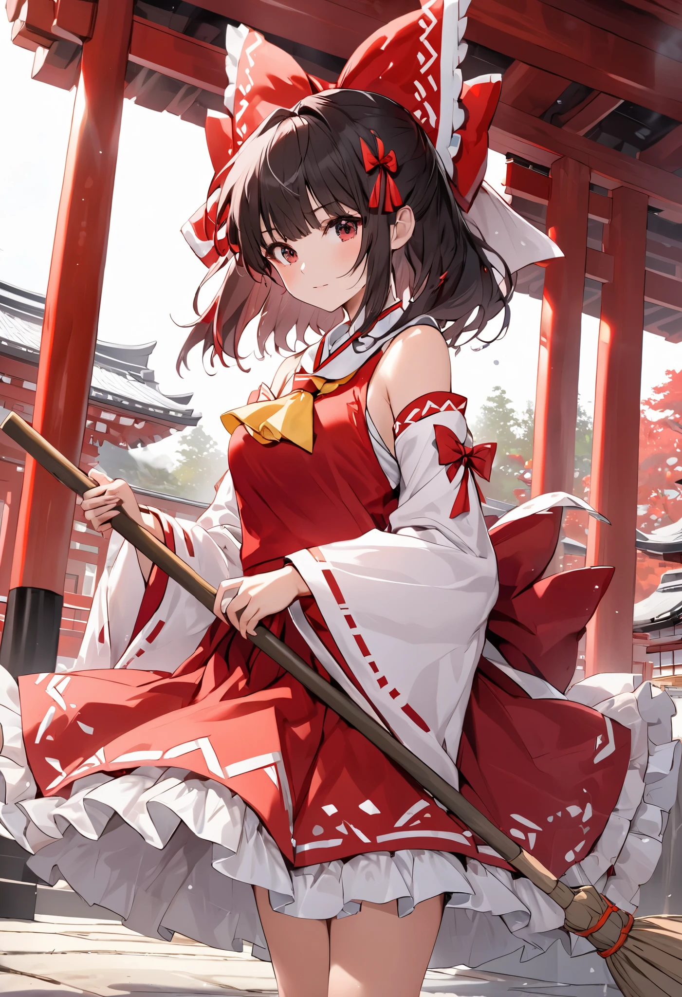 hakurei_reimu,,solo,detached sleeves,hair bow,red bow,ascot,hair tubes,skirt,frills,red skirt,yellow ascot,wide sleeves,standing,frilled bow,red shirt,frilled skirt,ribbon-trimmed sleeves,frilled shirt collar,bare shoulders,red vest,petticoat,nontraditional miko, Woman sweeping in front of a shrine with a broom.
