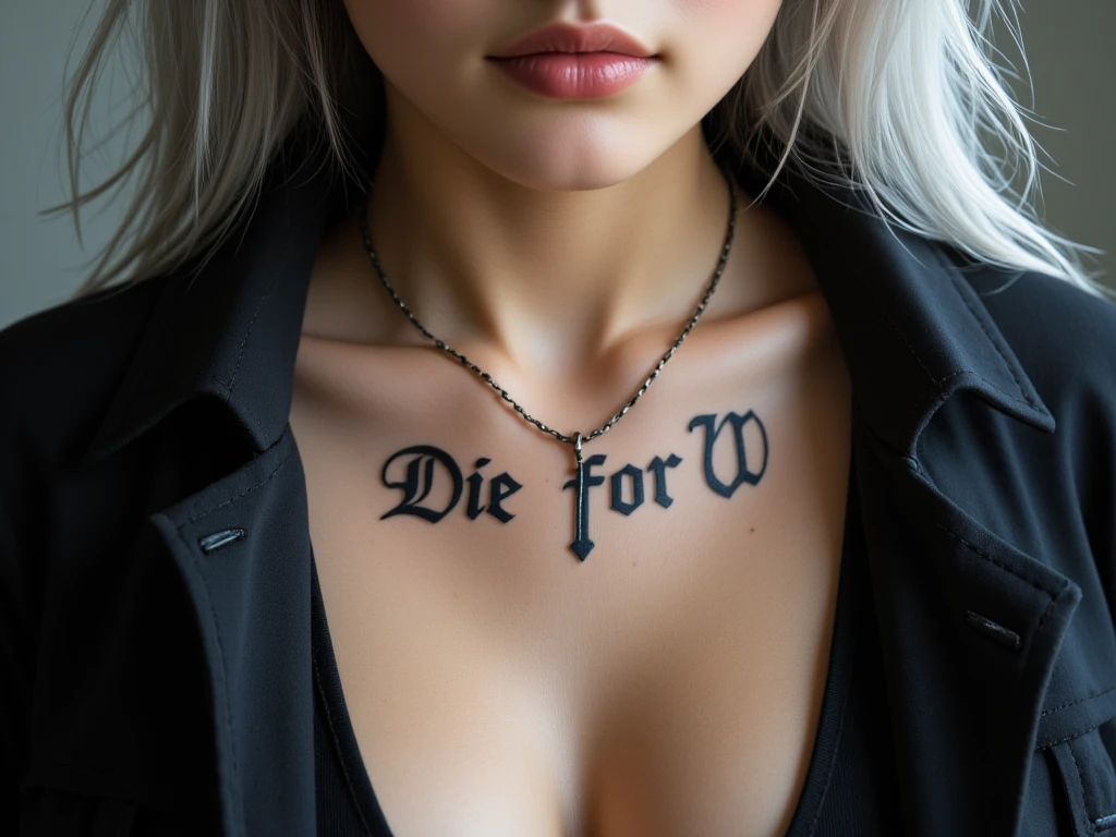 (tattoo is written "Die for U")、a close up of a person wearing a necklace and a jacket, beautiful asian female neuromancer, silver　highlights hair、aeon flux style, molly from neuromancer, iu lee ji-eun as a super villain, molly from the novel neuromancer, attractive androgynous humanoid, alice cullen, androgynous person, cyberpunk jackie welles, an edgy teen assassin,