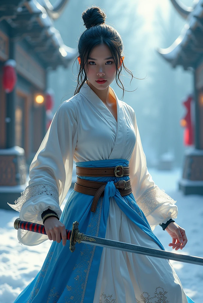 (masterpiece, best quality, beauty),uhd,  china female kungfu, korean beauty like tae yon, her face and  whole body visible, shining red eyes,, windblown hair, wear white silk, blue sky leather suit and hoody, left hand holding china traditional sword with emperor emblem, standing next to emperor city china, best ratio body ,uhd. use the RenderMan renderer.digital art. High definition, high contrast, high color saturation,128k,cinematic lighting, intricate,cinematic lens, advertising photograph,ultra detail.dslr,Wallpaper size
