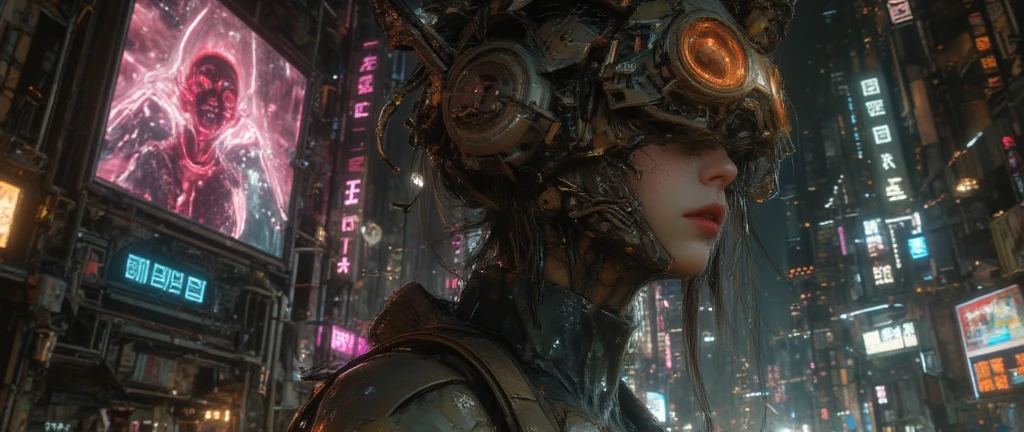 kitschy futuristic unsacred  virgin mary  cyborg, swith a vintage tv like vr googles neo sacred art  baroque biomechanical impants new weird, advanced tech, cyberpunk ambience, cyberpunk theme , neon colors pallete vivid shadows, chiaroscuro, depth field, neo gothic,  dystopian, masterpiece