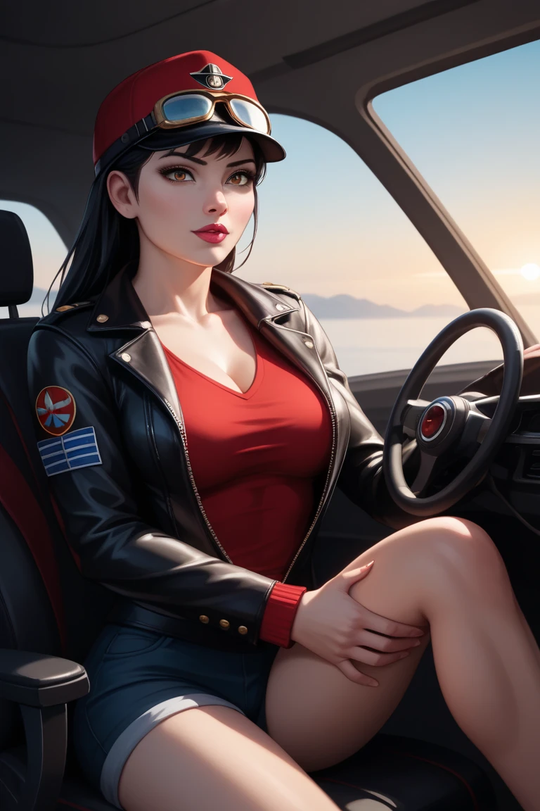 (((masterpiece))), (((ultrarealistic))), ((cinematic lighting)), ((dynamic composition)), (high resolution:1.4), (sharp focus), (8K illustration), (extremely detailed textures), (dramatic atmosphere), (soft sensual undertones), (WW2 era details).

In the cockpit of a Mitsubishi Zero, a young Japanese woman embodies both elegance and resolve. Her jet-black hair flows loosely from under her leather flight cap, a single strand grazing her delicate jawline. She is dressed in a partially unzipped flight jacket, revealing a white silk underlayer that clings to her form, accentuating her graceful yet strong physique. Her aviator goggles rest slightly askew, reflecting the morning sun over the horizon.

Her pose is one of quiet contemplation—seated with one leg bent over the side of the cockpit, her hand delicately tracing the edge of a cherry blossom she holds. Her lips, slightly parted, add a touch of vulnerability to her determined expression. The red insignia on her jacket and aircraft glows faintly in the golden light, symbolizing her unwavering dedication.

The background features a serene airfield, with distant clouds streaked with amber and crimson hues. The juxtaposition of her sensuality with the tension of her kamikaze mission creates a poignant, hauntingly beautiful moment frozen in time.