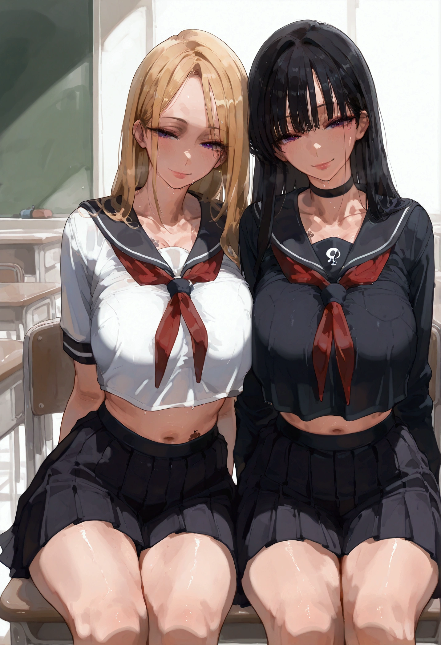 Mamimi style. Best Quality、 detailed face、Detailed body、 girl's sandwich, 2 girls、1 boy、Skinhead man、Dark-skinned man 、Big black man 、White-skinned women、Schoolgirl uniform、 big 、Big Breasts, ((Press your  against a man)), ntr_face, classroom, black sailor collar, black seifuku, black shirt, collarbone, crop top, crop top overhang, cropped shirt, black skirt, midriff, navel, neckerchief, pleated skirt, red neckerchief, sailor collar, seifuku, shirt, skirt, one blonde other black hair, 1 man, shot includes all 3's upper bodies at least, one blonde other black hair, 1 man, shot includes all 3's upper bodies at least, naughty smirk, Queen of Spades symbol tattoo on both of their breasts, both women sit on the lap of the man
