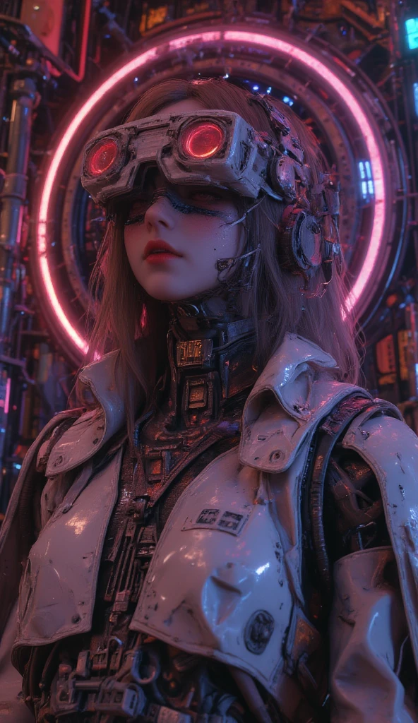 kitschy futuristic unsacred  virgin mary  cyborg, swith a vintage tv like vr googles neo sacred art  baroque biomechanical impants new weird, advanced tech, cyberpunk ambience, cyberpunk theme , neon colors pallete vivid shadows, chiaroscuro, depth field, neo gothic,  dystopian, masterpiece