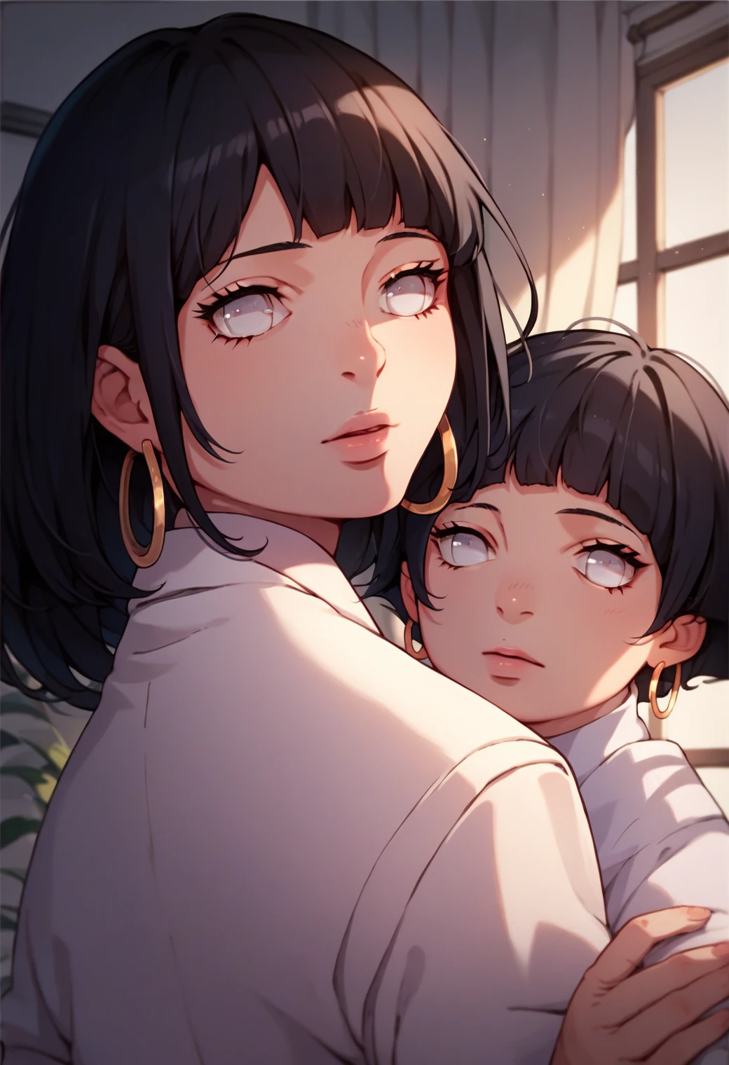 Hyuga hinata,white eyes,black hair,wearing white lab coat,hoop earrings,white braceletes