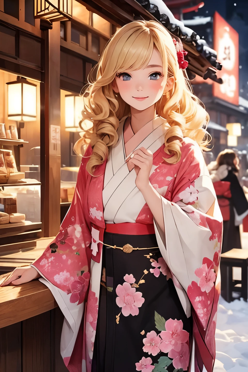 top quality，   The skirt is rolled up in the    ，cute ,  blonde alone  , Curly Hair, evil，(((kimono)))， down jacket   ， Snow Scene，I'd like to drink shop coffee on the night of the festival，