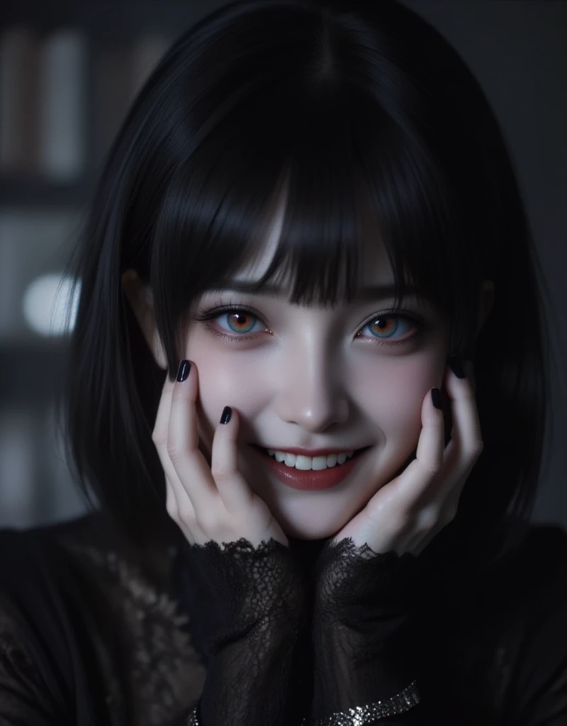 1 girl, black short bob hair, blunt bangs, black lipstick, heavy eyes makeup, heavy eye shadow, red eys, She put her hands on her cheeks, black nail, creepy smile, face focus, Realistic