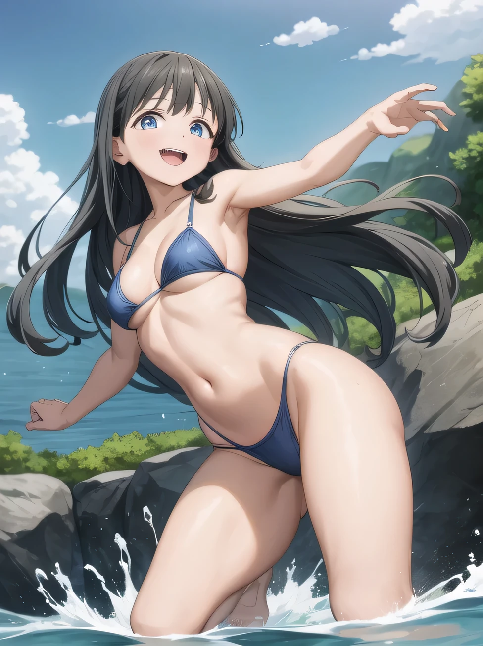 (Perfect body),Best Quality,(8K Portrait),(Official art)、(NSFW)、(((Lori)))、(((Brown skin)))、embarrassed from、1girl in,:D、showing teeth、(((thick thighs)))、(((blush))),(Sweat),((((Small udder))))、(big butts)、(Brown hair),((((Twin-tailed)))),Long hair, (Light green eyes)、((Hands behind the head))、Armpits、((spreading legs))、((Light blue striped bikini))、White ribbon、the beach、