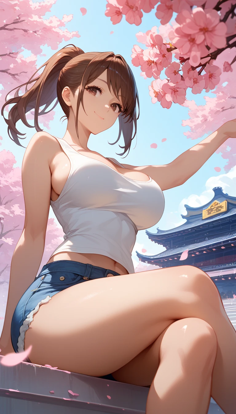 Front View, (from below:0.8), score_9_up,score_8_up,  1 girl, Alone,  brown eyes,  brown ponytail, (()),   closed mouth, smile,  Big Breasts ,  has thick thighs,  to show off her cleavage, Denim shorts, (( sitting)),  dynamic pose, ( Cherry Blossom Petals ), ((amusement park )),  tank top