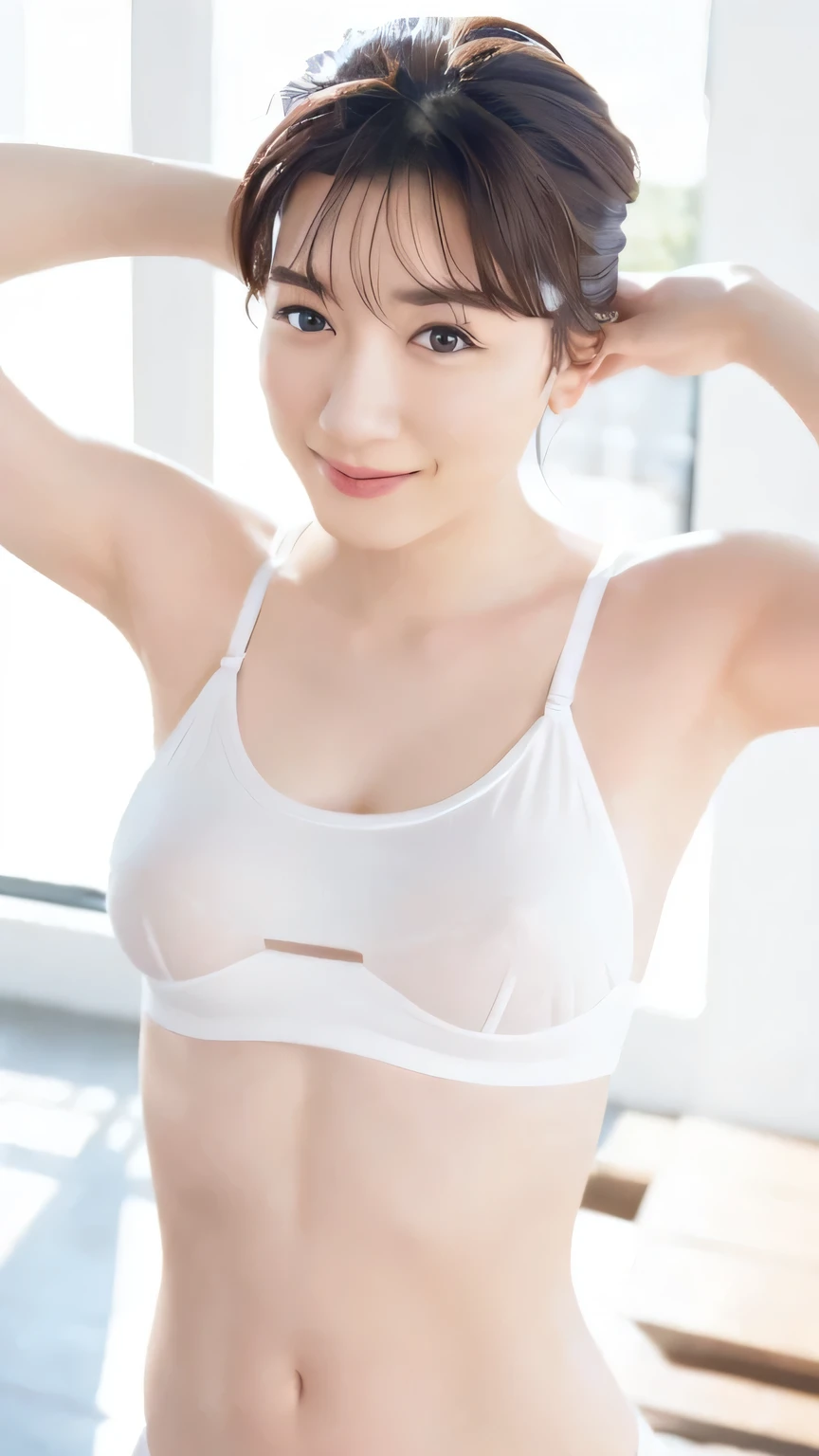 (((White Sports Bra、White sports )))、((top-quality、foco nítido,8K分辨率、Master masterpiece))、(((Short bob cut、Real and cute Japan sister,bbw、独奏、gle body)))、elementary student、10yaers oliny chest, is standing、Standing Pose、A smile、Shot in the studio