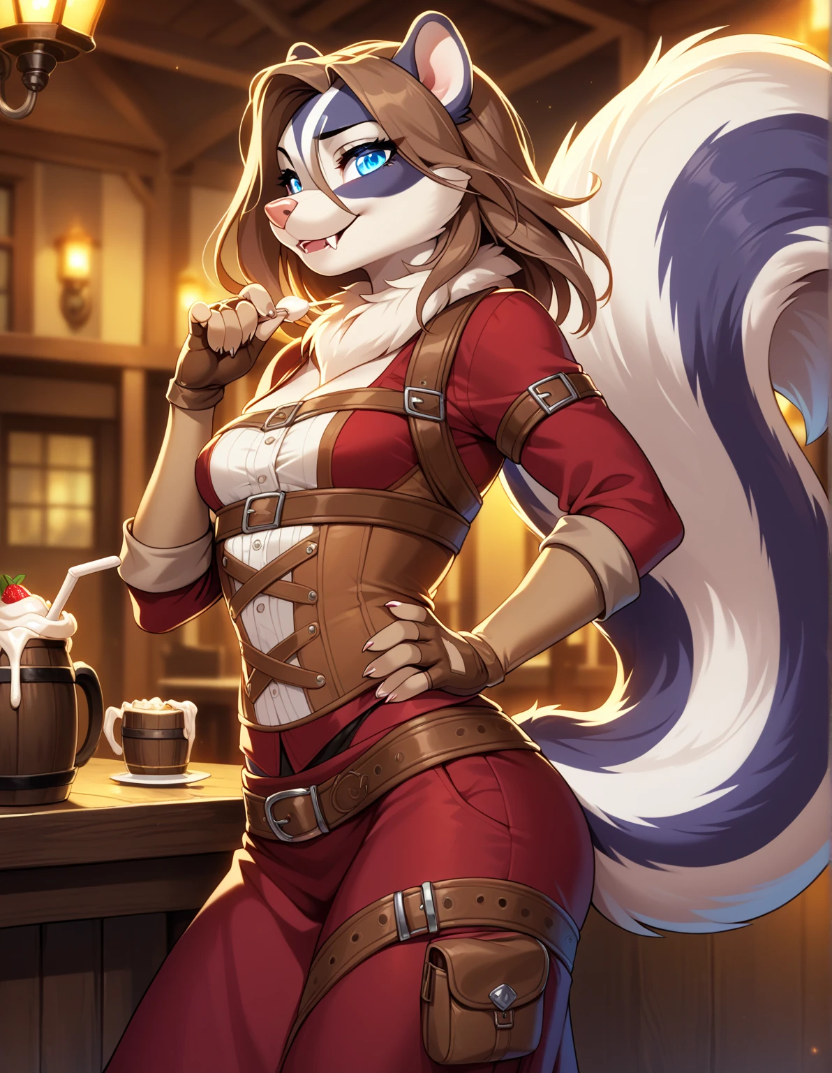 1girl, tail, furry, animal_ears,glowing blue_eyes, brown_hair, belt, looking_at_viewer, furry_female, gloves, skunk_tail, sad smile, skunk_ears, fingerless_gloves, hair_between_eyes,long skirt, hand_on_hip, snout, breasts, pouch, brown_gloves, cream white corset, skunk_girl, fangs, medium_hair, long_sleeves, small_breasts, brown_belt, artist_name, tavern outfit