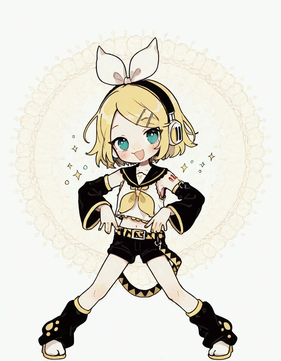 KAGAMINE RIN\(vocaloid\),solo,1female\(cute,kawaii,KAGAMINE RIN\(vocaloid\),chibi,light yellow hair, short hair,red tattoo of numbers"02" on shoulder,(big white bow),sleeveless white shirt,detached black arm bell sleeves,(arm sleeves are black bell sleeves:1.2),belt,sailor collar,yellow wide tie,white headphones,black short pants,black knee high leg warmers,yellow key strap at belt,open shoulder,singing and dancing,(very cute pose:1.5),(korean idol pose:1.5),dynamic pose,(very cute big smile),(dynamic action)\). BREAK .background\(live stage,colorful confetti,pastel color spotlights,(many colorful music note signs),many audience waving yellow glow sticks,\). BREAK .quality\(8k,wallpaper of extremely detailed CG unit, high resolution, top-quality, top-quality real texture skin, hyper realistic, increase the resolution, RAW photos, best quality, highly detailed, the wallpaper, golden ratio, high saturation realism, vibrant colors, dramatic lighting, persuasive storytelling, atmospheric scenery, captivating visuals, intricate details, strong emotions, dreamlike world\),dynamic angle