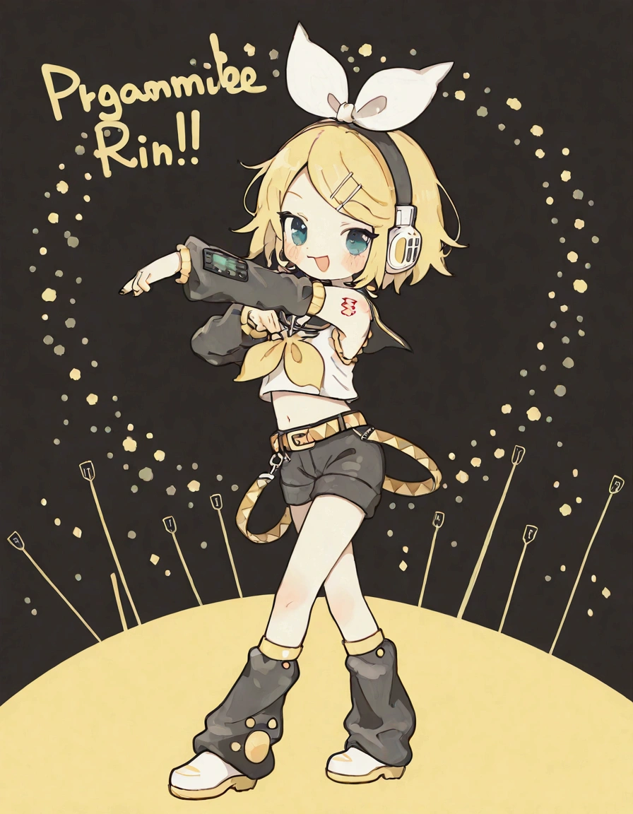 KAGAMINE RIN\(vocaloid\),solo,1female\(cute,kawaii,KAGAMINE RIN\(vocaloid\),chibi,light yellow hair, short hair,red tattoo of numbers"02" on shoulder,(big white bow),sleeveless white shirt,detached black arm bell sleeves,(arm sleeves are black bell sleeves:1.2),belt,sailor collar,yellow wide tie,white headphones,black short pants,black knee high leg warmers,yellow key strap at belt,open shoulder,singing and dancing,(very cute pose:1.5),(korean idol pose:1.5),dynamic pose,(very cute big smile),(dynamic action)\). BREAK .background\(live stage,colorful confetti,pastel color spotlights,(many colorful music note signs),many audience waving yellow glow sticks,\). BREAK .quality\(8k,wallpaper of extremely detailed CG unit, high resolution, top-quality, top-quality real texture skin, hyper realistic, increase the resolution, RAW photos, best quality, highly detailed, the wallpaper, golden ratio, high saturation realism, vibrant colors, dramatic lighting, persuasive storytelling, atmospheric scenery, captivating visuals, intricate details, strong emotions, dreamlike world\),dynamic angle