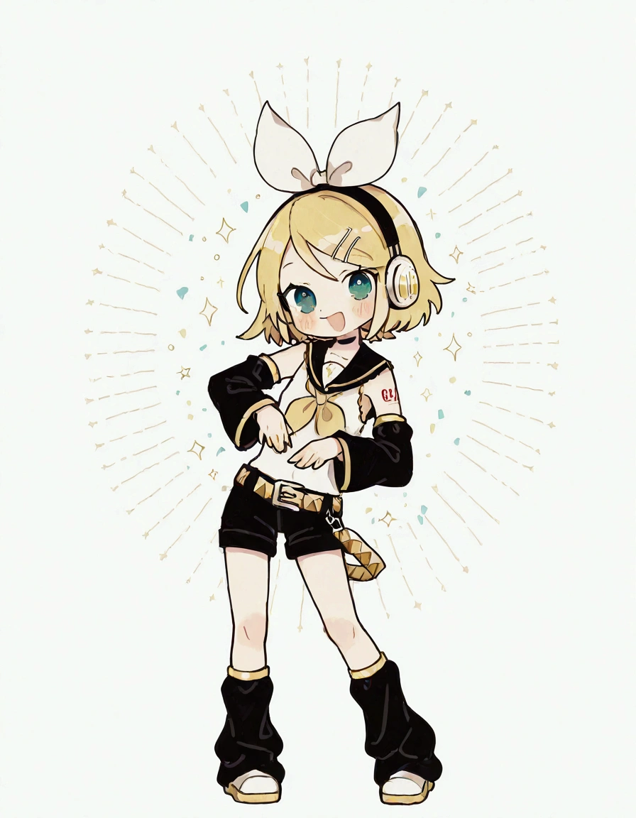 KAGAMINE RIN\(vocaloid\),solo,1female\(cute,kawaii,KAGAMINE RIN\(vocaloid\),chibi,light yellow hair, short hair,red tattoo of numbers"02" on shoulder,(big white bow),sleeveless white shirt,detached black arm bell sleeves,(arm sleeves are black bell sleeves:1.2),belt,sailor collar,yellow wide tie,white headphones,black short pants,black knee high leg warmers,yellow key strap at belt,open shoulder,singing and dancing,(very cute pose:1.5),(korean idol pose:1.5),dynamic pose,(very cute big smile),(dynamic action)\). BREAK .background\(live stage,colorful confetti,pastel color spotlights,(many colorful music note signs),many audience waving yellow glow sticks,\). BREAK .quality\(8k,wallpaper of extremely detailed CG unit, high resolution, top-quality, top-quality real texture skin, hyper realistic, increase the resolution, RAW photos, best quality, highly detailed, the wallpaper, golden ratio, high saturation realism, vibrant colors, dramatic lighting, persuasive storytelling, atmospheric scenery, captivating visuals, intricate details, strong emotions, dreamlike world\),dynamic angle