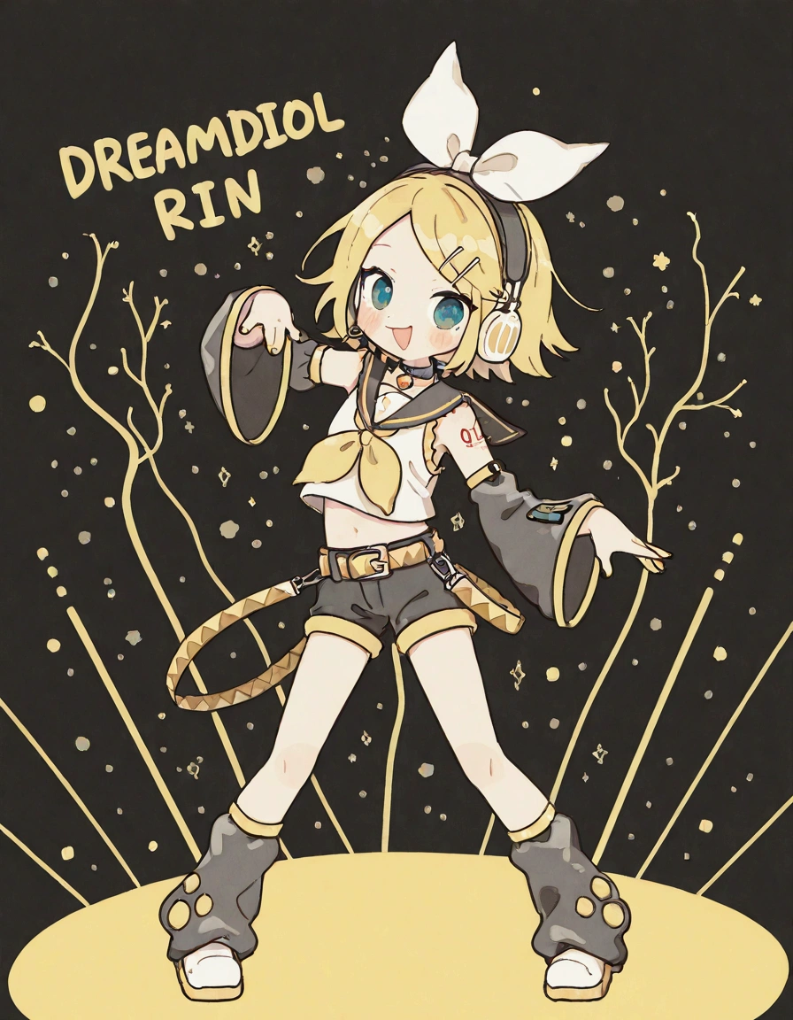 KAGAMINE RIN\(vocaloid\),solo,1female\(cute,kawaii,KAGAMINE RIN\(vocaloid\),chibi,light yellow hair, short hair,red tattoo of numbers"02" on shoulder,(big white bow),sleeveless white shirt,detached black arm bell sleeves,(arm sleeves are black bell sleeves:1.2),belt,sailor collar,yellow wide tie,white headphones,black short pants,black knee high leg warmers,yellow key strap at belt,open shoulder,singing and dancing,(very cute pose:1.5),(korean idol pose:1.5),dynamic pose,(very cute big smile),(dynamic action)\). BREAK .background\(live stage,colorful confetti,pastel color spotlights,(many colorful music note signs),many audience waving yellow glow sticks,\). BREAK .quality\(8k,wallpaper of extremely detailed CG unit, high resolution, top-quality, top-quality real texture skin, hyper realistic, increase the resolution, RAW photos, best quality, highly detailed, the wallpaper, golden ratio, high saturation realism, vibrant colors, dramatic lighting, persuasive storytelling, atmospheric scenery, captivating visuals, intricate details, strong emotions, dreamlike world\),dynamic angle