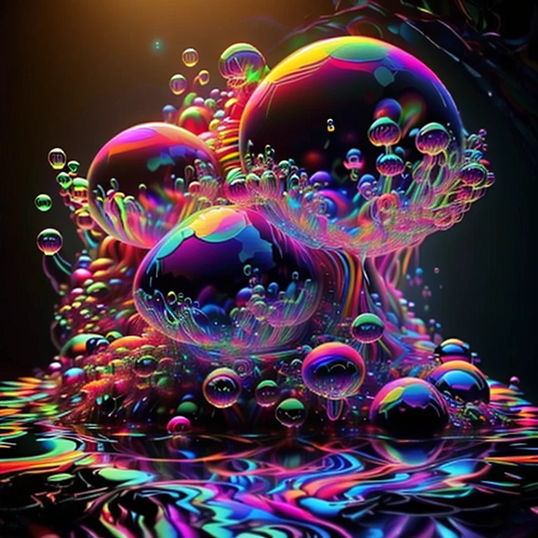 A close up of beautiful bubbles floating on top of each other, LSD, DMT imagery. GlowingNightmare, smile, neon colors, glowing, GlowingRunes_pink, GlowingRunes_green, GlowingRunes_paleblue, psychedelic droplets of water, abstract liquid, and intricate rainbow art. octane render, black 3d fluid simulation,  ethereal bubbles, swirling liquids, and highly detailed, octane render, reflective rainbow bubbles, twisted colors inside of glass spheres, Psilocybin Dream inside an amazing image of light emerging from colors in a shimmering glass morphing out of colors, bright neon and fluorescent colors,very bright, vibrant colors, perfectly formed and symmetrical reflective bubbles and spheres, attention to detail with these beautiful bubbles and spheres, Extreme Hallucinations in a gorgeous piece of  psychedelic digital artwork, Stunning, pixel art, tripped out colors, 4d mandelbulb psychedelics, glass like psychedelic landscape, intricate rainbow environment, psychedelic underwater brightness and glow with neon colors, glowing colors twist inside of translucent glass spheres and bubbles with light and color reflecting off of both in bright fluorescent colors, psychedelic trip, fluorescent and neon aesthetic, psychedelic vibrant colors, bright psychedelic paint splattered backgrounds,swirling spirals and vortex, bright vibrant colors popping out from 3d glass spheres, Rotational Symmetry, Pixel Assets, Portrait photography, Surrealism, Photorealistic, Hyperdetailed, Glass Morphism, Digital Art, Sparkle, Optical Illusion, Glowing Light, Reflective Light, Overexposure, Backlighting, Depth Of Field, Spheres and bubbles show perfect Symmetry, UHD, High Details, High Quality, Super Detailed, Full Focus, Awe inspiring, Shockingly unique wallpaper art, Breathtaking, Indescribably Beautiful, Heaven sent images, Best Quality, Award Winning, Masterpiece. psychedelic droplets of water, abstract liquid, and intricate rainbow art. octane render, black 3d fluid simulation,  