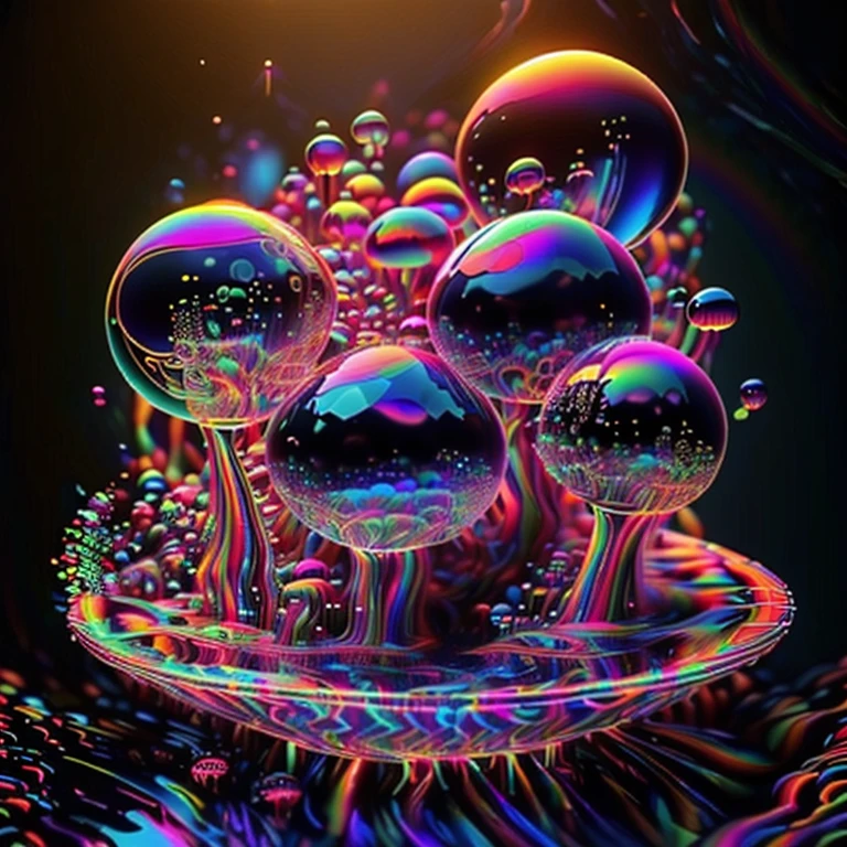 A close up of beautiful bubbles floating on top of each other, LSD, DMT imagery. GlowingNightmare, smile, neon colors, glowing, GlowingRunes_pink, GlowingRunes_green, GlowingRunes_paleblue, psychedelic droplets of water, abstract liquid, and intricate rainbow art. octane render, black 3d fluid simulation,  ethereal bubbles, swirling liquids, and highly detailed, octane render, reflective rainbow bubbles, twisted colors inside of glass spheres, Psilocybin Dream inside an amazing image of light emerging from colors in a shimmering glass morphing out of colors, bright neon and fluorescent colors,very bright, vibrant colors, perfectly formed and symmetrical reflective bubbles and spheres, attention to detail with these beautiful bubbles and spheres, Extreme Hallucinations in a gorgeous piece of  psychedelic digital artwork, Stunning, pixel art, tripped out colors, 4d mandelbulb psychedelics, glass like psychedelic landscape, intricate rainbow environment, psychedelic underwater brightness and glow with neon colors, glowing colors twist inside of translucent glass spheres and bubbles with light and color reflecting off of both in bright fluorescent colors, psychedelic trip, fluorescent and neon aesthetic, psychedelic vibrant colors, bright psychedelic paint splattered backgrounds,swirling spirals and vortex, bright vibrant colors popping out from 3d glass spheres, Rotational Symmetry, Pixel Assets, Portrait photography, Surrealism, Photorealistic, Hyperdetailed, Glass Morphism, Digital Art, Sparkle, Optical Illusion, Glowing Light, Reflective Light, Overexposure, Backlighting, Depth Of Field, Spheres and bubbles show perfect Symmetry, UHD, High Details, High Quality, Super Detailed, Full Focus, Awe inspiring, Shockingly unique wallpaper art, Breathtaking, Indescribably Beautiful, Heaven sent images, Best Quality, Award Winning, Masterpiece. psychedelic droplets of water, abstract liquid, and intricate rainbow art. octane render, black 3d fluid simulation,  