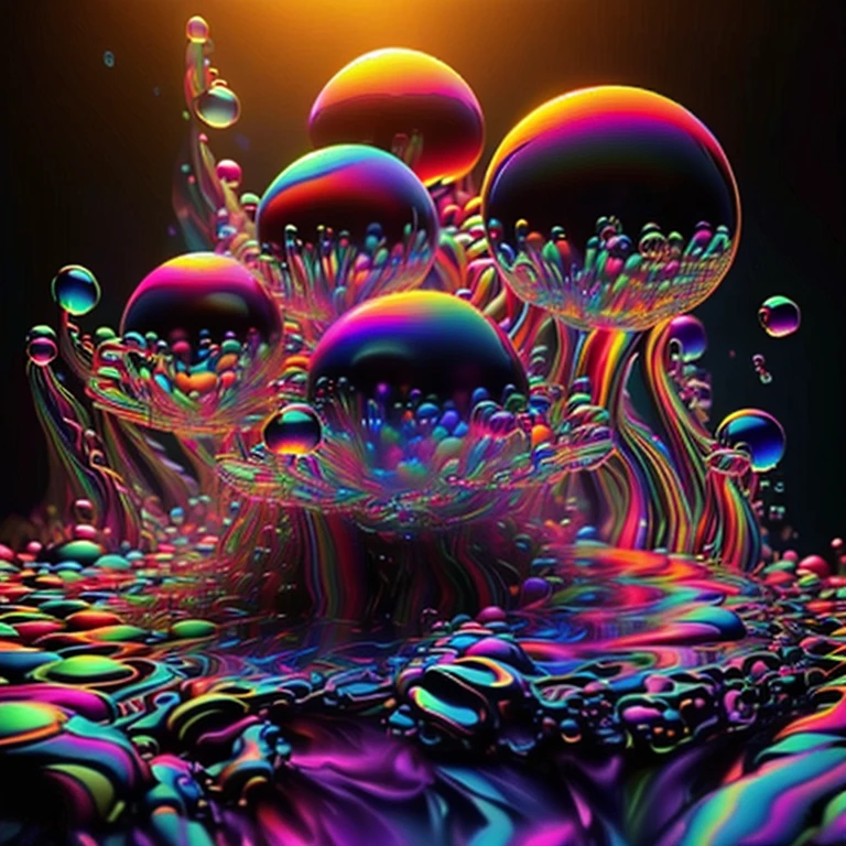 A close up of beautiful bubbles floating on top of each other, LSD, DMT imagery. GlowingNightmare, smile, neon colors, glowing, GlowingRunes_pink, GlowingRunes_green, GlowingRunes_paleblue, psychedelic droplets of water, abstract liquid, and intricate rainbow art. octane render, black 3d fluid simulation,  ethereal bubbles, swirling liquids, and highly detailed, octane render, reflective rainbow bubbles, twisted colors inside of glass spheres, Psilocybin Dream inside an amazing image of light emerging from colors in a shimmering glass morphing out of colors, bright neon and fluorescent colors,very bright, vibrant colors, perfectly formed and symmetrical reflective bubbles and spheres, attention to detail with these beautiful bubbles and spheres, Extreme Hallucinations in a gorgeous piece of  psychedelic digital artwork, Stunning, pixel art, tripped out colors, 4d mandelbulb psychedelics, glass like psychedelic landscape, intricate rainbow environment, psychedelic underwater brightness and glow with neon colors, glowing colors twist inside of translucent glass spheres and bubbles with light and color reflecting off of both in bright fluorescent colors, psychedelic trip, fluorescent and neon aesthetic, psychedelic vibrant colors, bright psychedelic paint splattered backgrounds,swirling spirals and vortex, bright vibrant colors popping out from 3d glass spheres, Rotational Symmetry, Pixel Assets, Portrait photography, Surrealism, Photorealistic, Hyperdetailed, Glass Morphism, Digital Art, Sparkle, Optical Illusion, Glowing Light, Reflective Light, Overexposure, Backlighting, Depth Of Field, Spheres and bubbles show perfect Symmetry, UHD, High Details, High Quality, Super Detailed, Full Focus, Awe inspiring, Shockingly unique wallpaper art, Breathtaking, Indescribably Beautiful, Heaven sent images, Best Quality, Award Winning, Masterpiece. psychedelic droplets of water, abstract liquid, and intricate rainbow art. octane render, black 3d fluid simulation,  