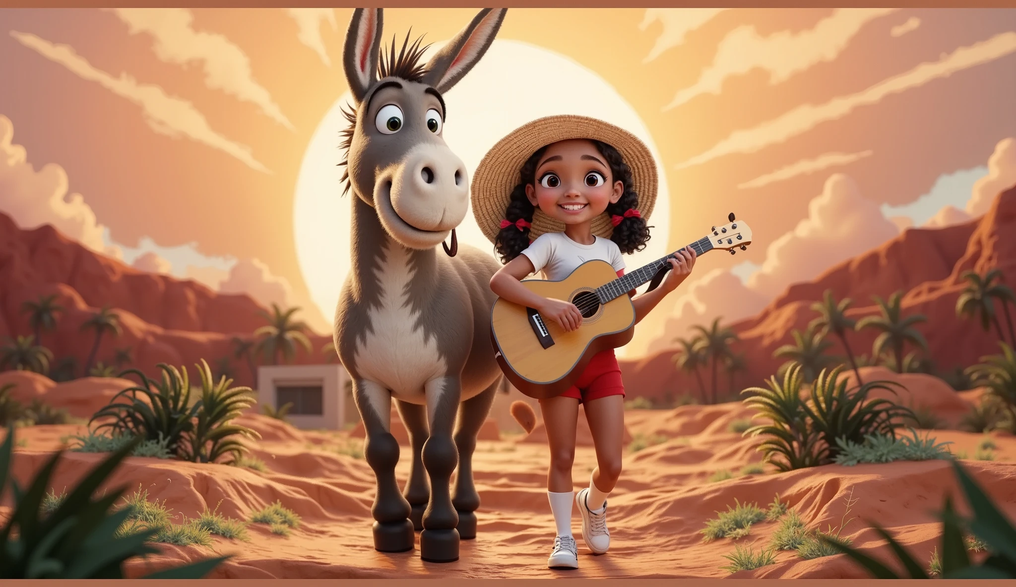 INSPIRED BY DISNEY PIXAR'S PROMOTIONAL POSTERS IN 3D, HIGH RESOLUTION AND HIGH QUALITY, CREATE AN ATTRACTIVE, EYE-CATCHING IMAGE THAT IS PERFECT FOR THE COVER OF A VIDEO. THE IMAGE SHOULD REPRESENT IN A SCENE THE JOURNEY OF THE HAPPY DONKEY (THE POSTER SHOULD HAVE A GREATER FOCUS ON THE DONKEY, WHICH IS LARGER THAN THE  HE ACCOMPANIES), IN THE COMPANY OF HIS FRIEND ALICIE WHO IS A BEAUTIFUL, SENSUAL GIRL, WITH SUN-TANNED SKIN, SHE IS MIXED-RACE, BRAZILIAN, , WITH BLACK CURLY HAIR RINGED, TIED IN TWO PONYTAILS WITH RED RIBBONS, SHE WEARS A SUN HAT, WHITE TSHIRT AND IS PLAYING THE GUITAR, WEARS VERY SHORT, SENSUAL RED SHORTS, WHITE SOCKS AND WHITE SNEAKERS, IN THE IMAGE THERE SHOULD BE A SPECIAL HIGHLIGHT TO A NICE GRAY DONKEY THE BACKGROUND SHOULD HAVE WARM COLORS AND HIGHLIGHT A LANDSCAPE WITH FEW BUSHES AND MOUNTAINS AND A HOT SUN, I WANT THE IMAGE TO STAND OUT