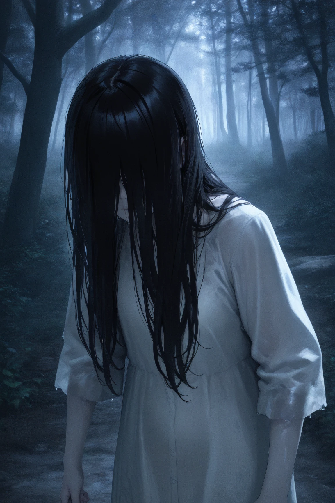 solo,sadako yamamura\(\(the onryo\),long black hair,faceless,hair over face,dirty white dress with sleeves,front face, hair over eyes, black hair, long hair, pale skin, white dress, wet clothes,cute,sexy\), horror \(theme,mood\). BREAK .quality\(8k,wallpaper of extremely detailed CG unit, high resolution, top-quality, top-quality real texture skin, hyper realistic, increase the resolution, RAW photos, best quality, highly detailed, the wallpaper, golden ratio, high saturation realism, vibrant colors, dramatic lighting, persuasive storytelling, atmospheric scenery, captivating visuals, intricate details, strong emotions, dreamlike world\)