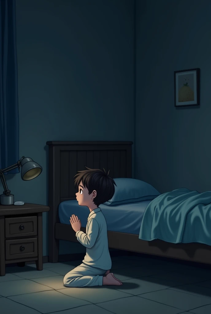 Closeup of a praying outside the window at night