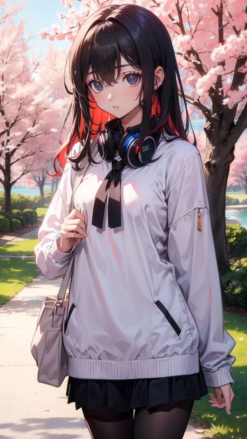  1 girl wearing a long-sleeved sweater to hide her uniform .  she also wears black tights 、 wears headphones around her neck . In most cases,  she has bangs that partially cover her eyes  ,  small breasts,  blue eyes, Red hair lines on dark hair  ,  in a park under a cherry tree near the lake 
