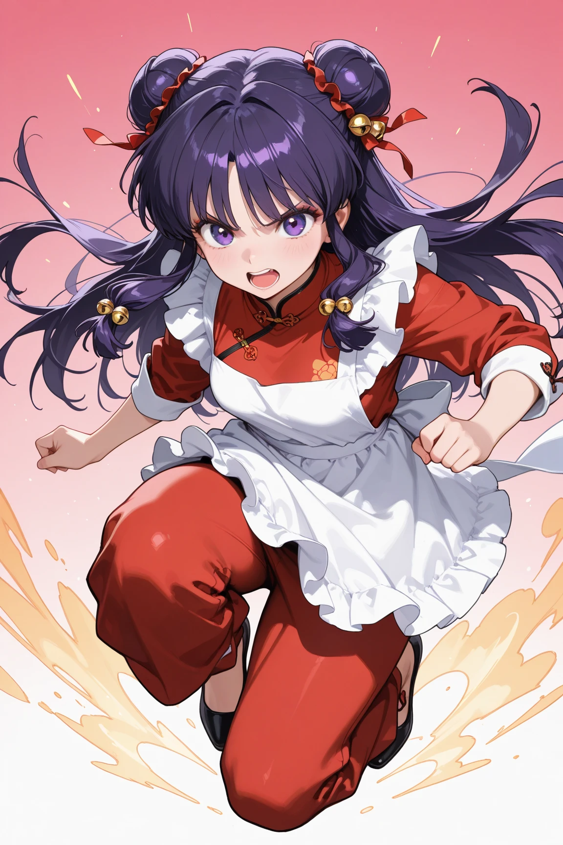 (solo:1.3),1girl\(shampoo, character of anime\(Ranma1/2\),cute,sexy, angry face,open mouth,long hair, looking at viewer, bangs, simple background, hair ornament, white background, dress, purple eyes, full body, purple hair, sidelocks, hair bun, bell, double bun, chinese clothes, red short dress, (red pants:1.3), hair bell, eyeshadow, frilled apron,dynamic action pose\).background\( simple chinese design,(pink 1cat:1.3)\). BREAK .quality\(8k,wallpaper of extremely detailed CG unit, high resolution, top-quality, top-quality real texture skin, hyper realistic, increase the resolution, RAW photos, best quality, highly detailed, the wallpaper, golden ratio, high saturation realism, vibrant colors, dramatic lighting, persuasive storytelling, atmospheric scenery, captivating visuals, intricate details, strong emotions, dreamlike world\),(dynamic angle:1.4)