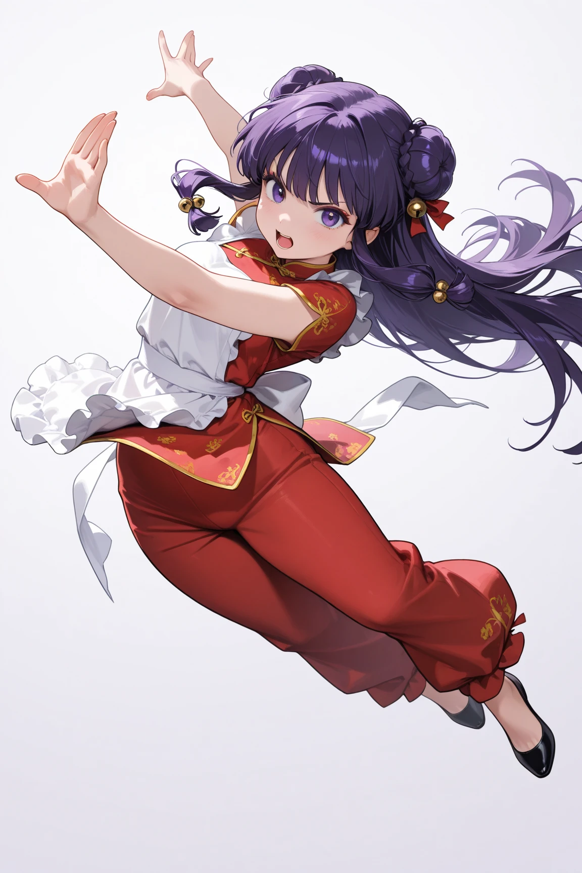 (solo:1.3),1girl\(shampoo, character of anime\(Ranma1/2\),cute,sexy, angry face,open mouth,long hair, looking at viewer, bangs, simple background, hair ornament, white background, dress, purple eyes, full body, purple hair, sidelocks, hair bun, bell, double bun, chinese clothes, red short dress, (red pants:1.3), hair bell, eyeshadow, frilled apron,dynamic action pose\).background\( simple chinese design,(pink 1cat:1.3)\). BREAK .quality\(8k,wallpaper of extremely detailed CG unit, high resolution, top-quality, top-quality real texture skin, hyper realistic, increase the resolution, RAW photos, best quality, highly detailed, the wallpaper, golden ratio, high saturation realism, vibrant colors, dramatic lighting, persuasive storytelling, atmospheric scenery, captivating visuals, intricate details, strong emotions, dreamlike world\),(dynamic angle:1.4)