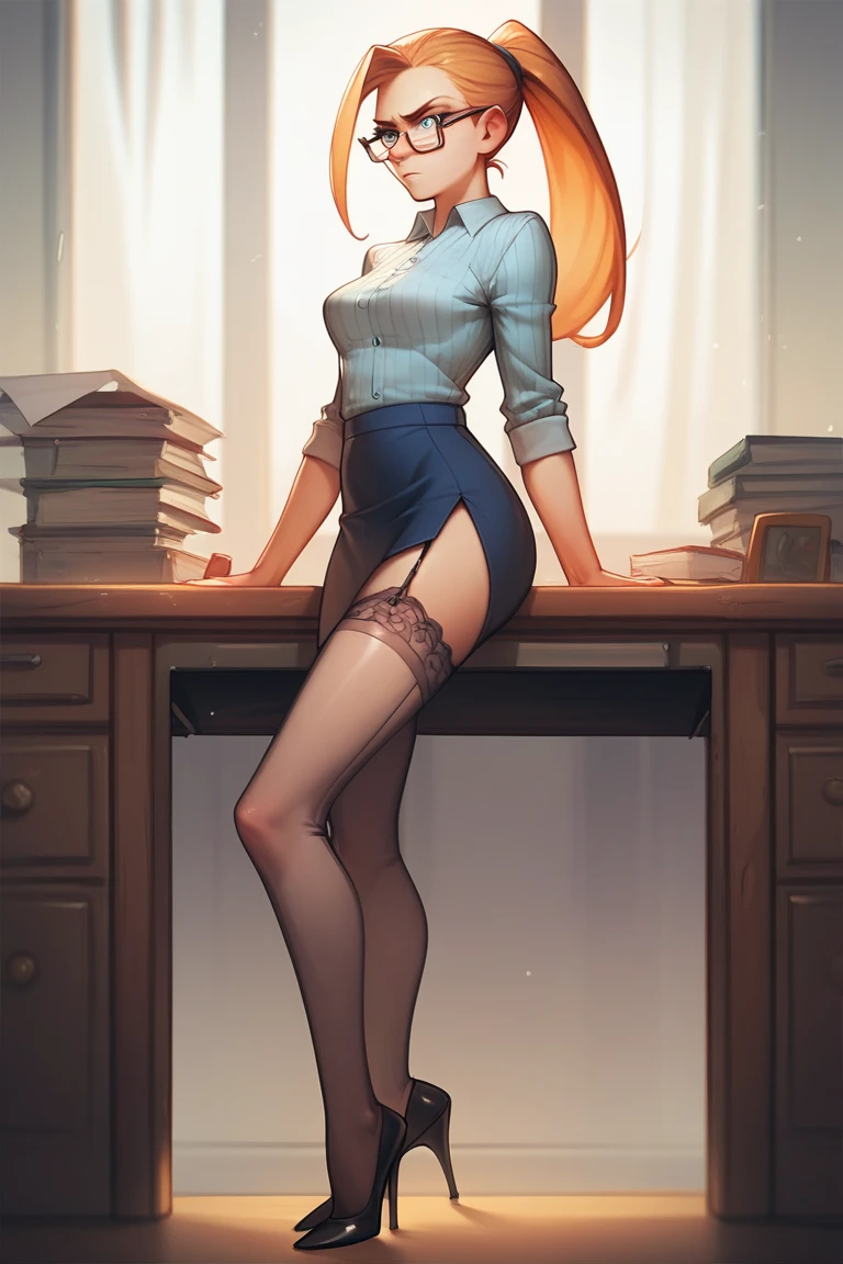 Submissive secretary at her desk is anxious because she messed up her work, high heels,garter belt stockings, short slit skirt,thight openned shirt, long heir ,ponytail,glasses,
SFW