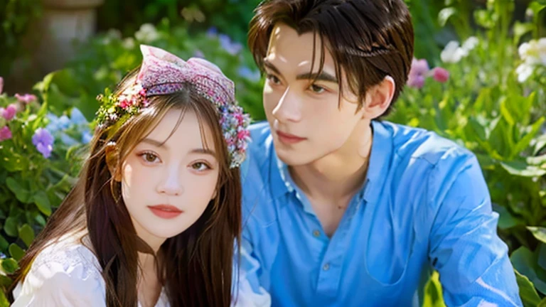blue castle, black hair girl, black eyes girl, and white skin man with blue eyes couple, aster purple flower