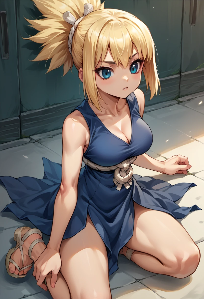 score_9, score_8_up, score_7_up, score_6_up, source_anime, BREAK 1girl, solo, dsKohaku, blonde hair, short ponytail, blue eyes
cleavage, dark blue dress, sleeveless, white rope belt, platform footwear, sandals