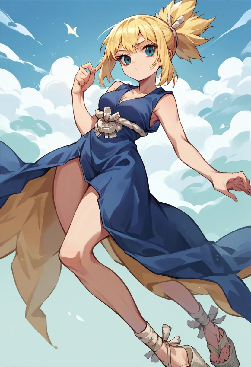 score_9, score_8_up, score_7_up, score_6_up, source_anime, BREAK 1girl, solo, dsKohaku, blonde hair, short ponytail, blue eyes cleavage, dark blue dress, sleeveless, white rope belt, platform footwear, sandals
