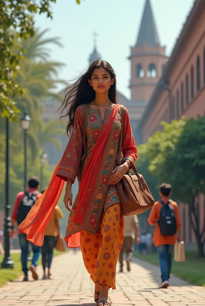 Create an image of a woman viewed from the back. She is wearing a traditional kurti and salwar. Her long, thick, slightly wavy hair is visible from the back. She is carrying a bag on her back. The design of the bag, kurti, and salwar should be clear. The background should suggest a college environment, indicating that she is heading to college.