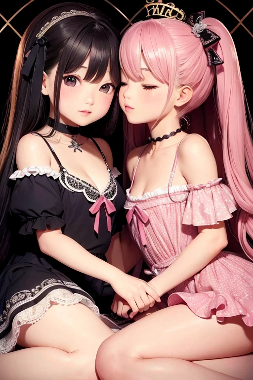 (Two girls hugging each other and holding hands:1.8), (Sitting on the bed:1.5), (Torn and tattered nun&#39;s uniform:1.5)、(Big Breasts、Cleavage、Butt:1.5), (Crying in fear:1.5), (Simple Background:1.8), (Highest quality, masterpiece: 1.5), (2.5D)、(((Skin glowing with oil:1.3)))、(Body covered in milk:1.5)、 (dynamic angle:1.8), (Raise the hand, Leg spread:1.3), ((((Wet)))), (((Spread your legs:1.5))),