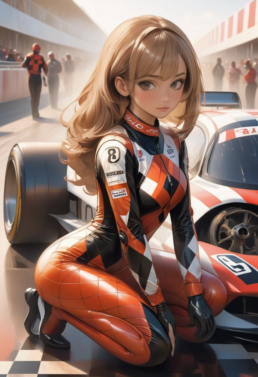 Beautiful cute racequeen, sexy pose, posing next to a racing car, squatting, looking back at camera, latex racequeen catsuit with chequered flag print her on leg, fully unzipped exposing cleavage, umbrella,