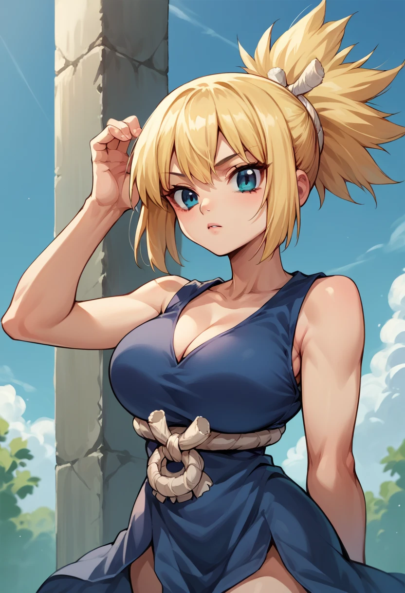 score_9, score_8_up, score_7_up, score_6_up, source_anime, BREAK 1girl, solo, dsKohaku, blonde hair, short ponytail, blue eyes
cleavage, dark blue dress, sleeveless, white rope belt, platform footwear, sandals, standing, upper body, large breasts