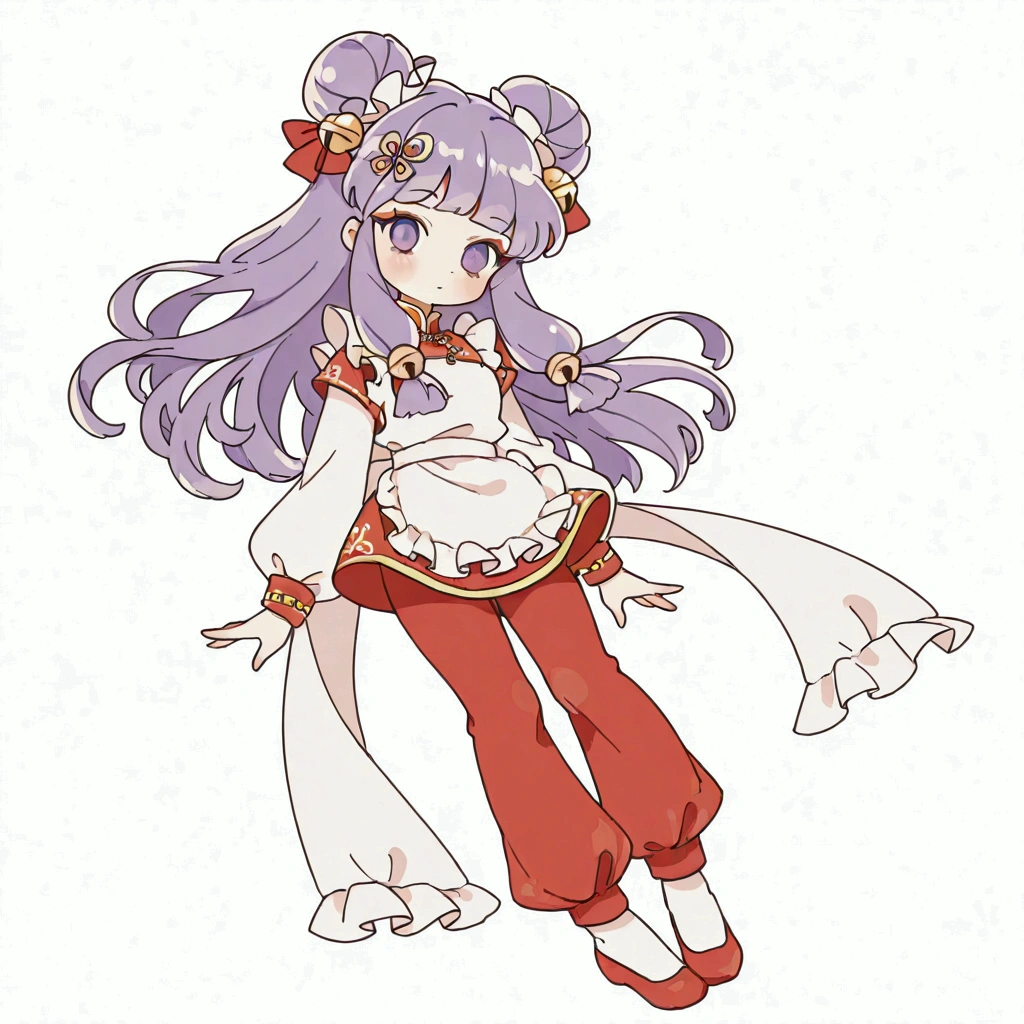 (solo:1.3),1girl\(shampoo, character of anime\(Ranma1/2\),cute,sexy, long hair, looking at viewer, bangs, simple background, hair ornament, white background, dress, purple eyes, full body, purple hair, sidelocks, hair bun, bell, double bun, chinese clothes, red short dress, (red pants:1.3), hair bell, eyeshadow, frilled apron,dynamic action pose\).background\( simple chinese design,white 1cat\). BREAK .quality\(8k,wallpaper of extremely detailed CG unit, high resolution, top-quality, top-quality real texture skin, hyper realistic, increase the resolution, RAW photos, best quality, highly detailed, the wallpaper, golden ratio, high saturation realism, vibrant colors, dramatic lighting, persuasive storytelling, atmospheric scenery, captivating visuals, intricate details, strong emotions, dreamlike world\),(dynamic angle:1.4)