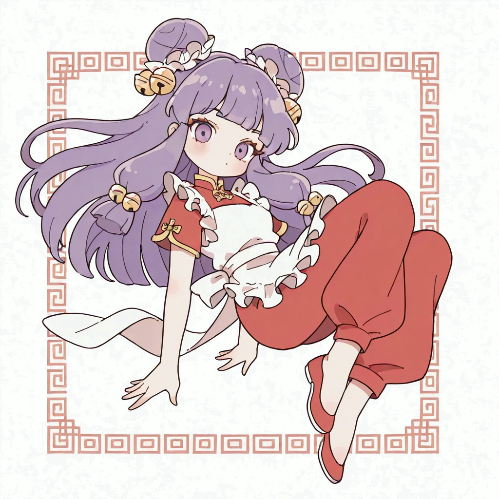 (solo:1.3),1girl\(shampoo, character of anime\(Ranma1/2\),cute,sexy, long hair, looking at viewer, bangs, simple background, hair ornament, white background, dress, purple eyes, full body, purple hair, sidelocks, hair bun, bell, double bun, chinese clothes, red short dress, (red pants:1.3), hair bell, eyeshadow, frilled apron,dynamic action pose\).background\( simple chinese design,white 1cat\). BREAK .quality\(8k,wallpaper of extremely detailed CG unit, high resolution, top-quality, top-quality real texture skin, hyper realistic, increase the resolution, RAW photos, best quality, highly detailed, the wallpaper, golden ratio, high saturation realism, vibrant colors, dramatic lighting, persuasive storytelling, atmospheric scenery, captivating visuals, intricate details, strong emotions, dreamlike world\),(dynamic angle:1.4)