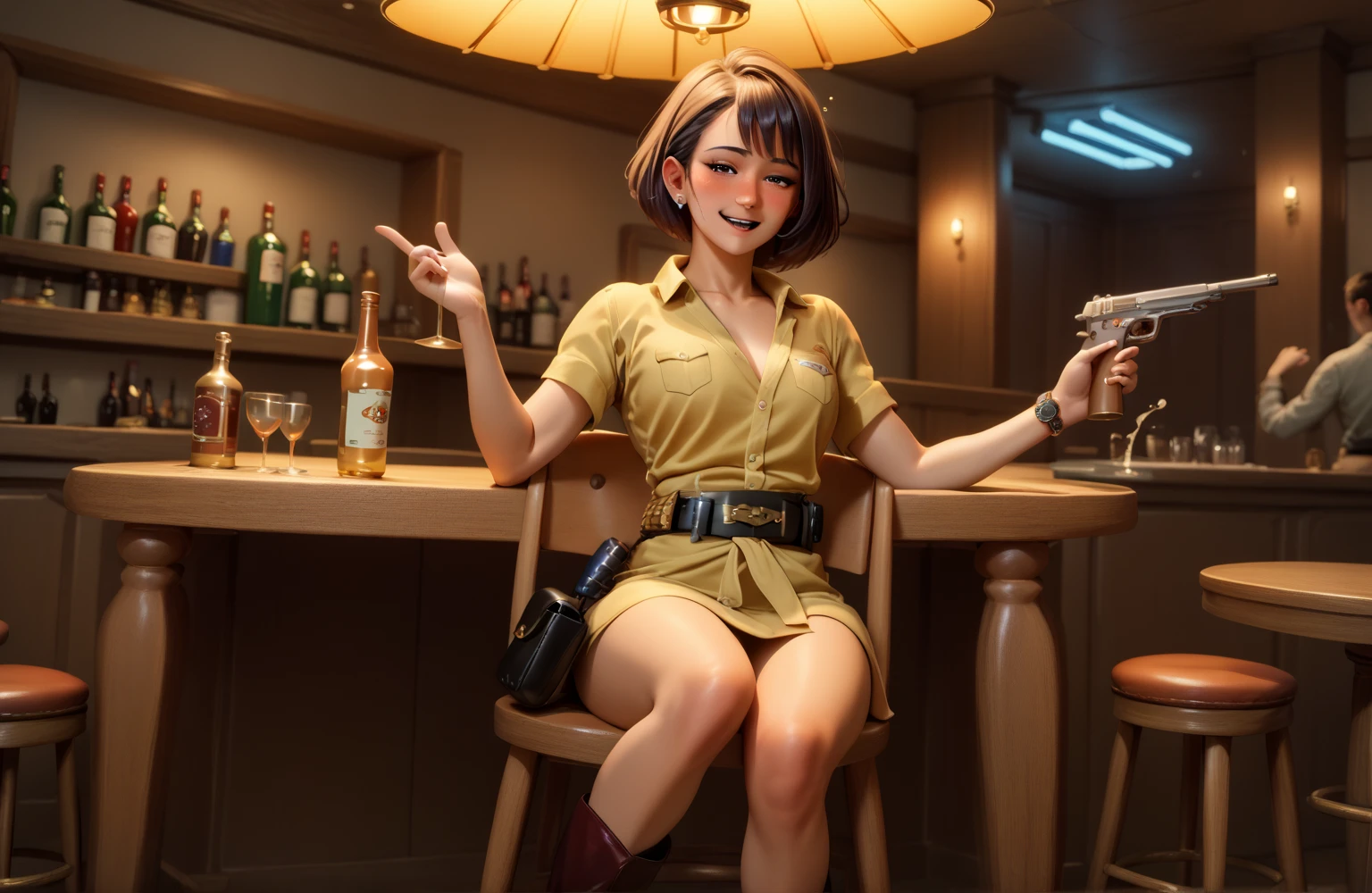 Japanese Beauty Naked,Gun belt on waist,Please put the gun in the holster, wearing western boots ,View watch, drunk,hiccup, pee,indoor, Cowboy Shot , sit on a wooden chair, super high resolution ,24K